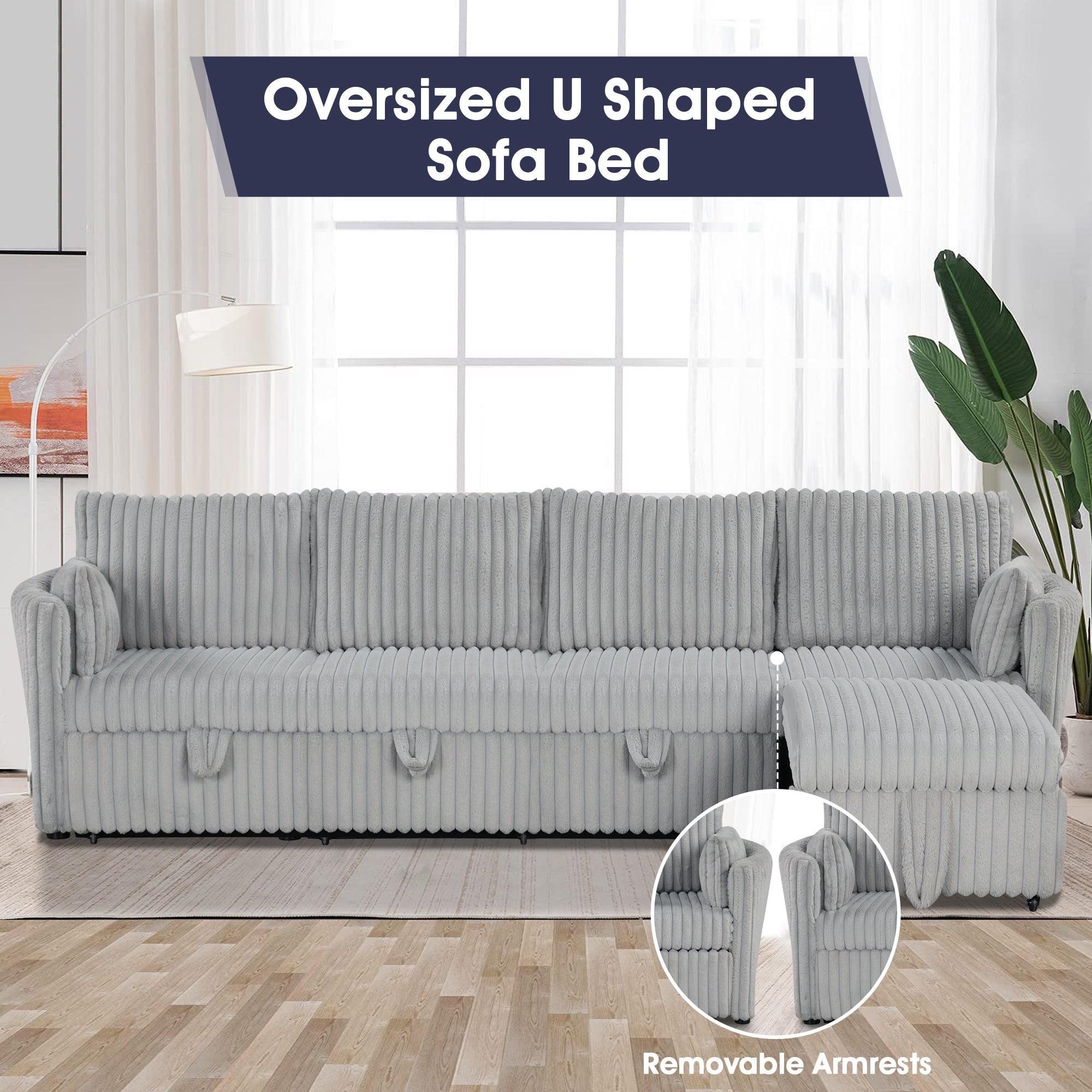 Light Gray Faux Fur Oversized Convertible Sleeper Sectional Sofa with USB Charging Ports - 3-in-1 Daybed, Couch & Chair with 2 Pillows - Perfect for Living Room, Home Theater & Guest Room