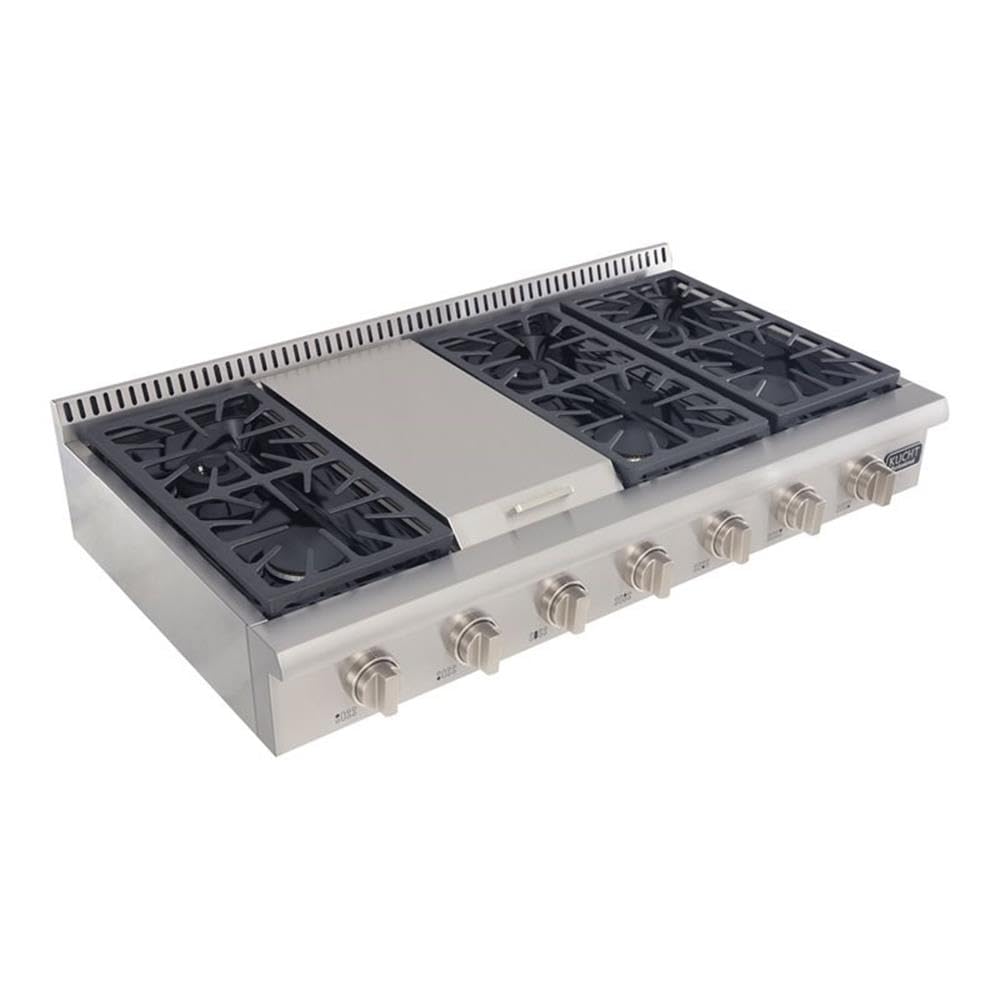 Kucht KRT481GU-S 48 Inch Professional Natural Gas Range Top with Sealed Burners & Stainless Steel Griddle - Classic Silver Knobs | Perfect for Commercial Kitchens, Restaurants & Home Chefs