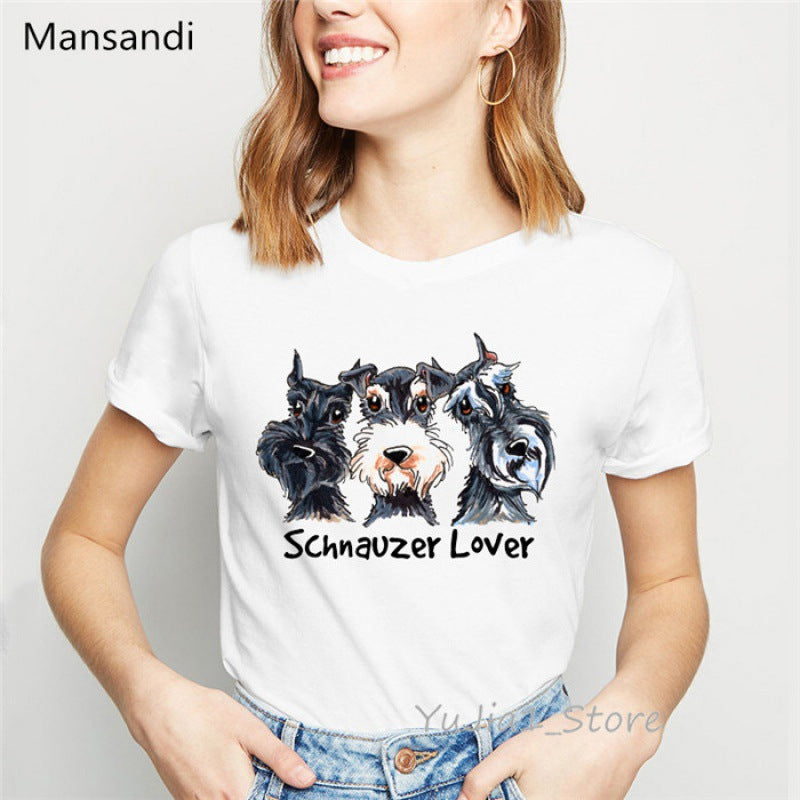 Summer Women's T-Shirt with Cute Schnauzer Dog Print - Casual Comfort Fit Cotton Tee for Dog Lovers | Perfect for Outdoor Activities, Pet Playdates & Casual Wear