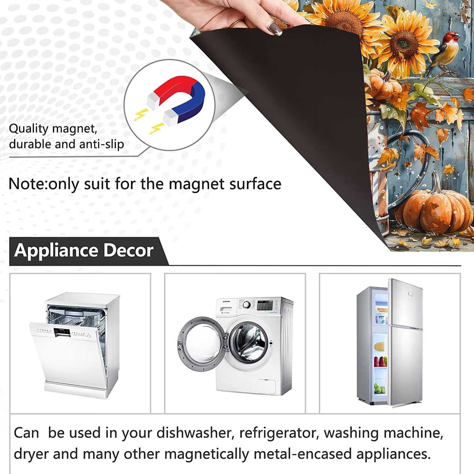 Fall Harvest Magnetic Dishwasher Cover Decal - Diamond Art Pumpkins, Sunflowers & Birds Design - Halloween Kitchen Decor Sticker (23