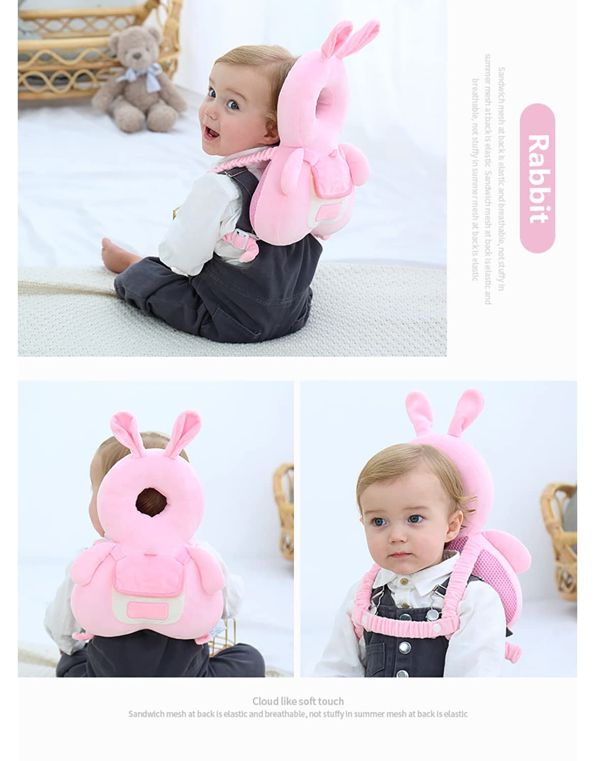 Baby Head Protector Safety Pad for Toddler Walkers - Soft Infant Head Protection Backpack Cushion with Talking Feature (Pink Bunny Design) - Prevent Head Injuries While Learning to Walk, Crawling & Playing