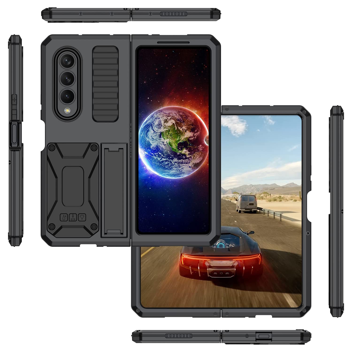 Samsung Galaxy Z Fold 4 Heavy Duty Rugged Case with Built-in Screen Protector & Kickstand - Military Grade Shockproof Full Body Protection Cover (Black) - Perfect for Outdoor Activities, Travel & Daily Use