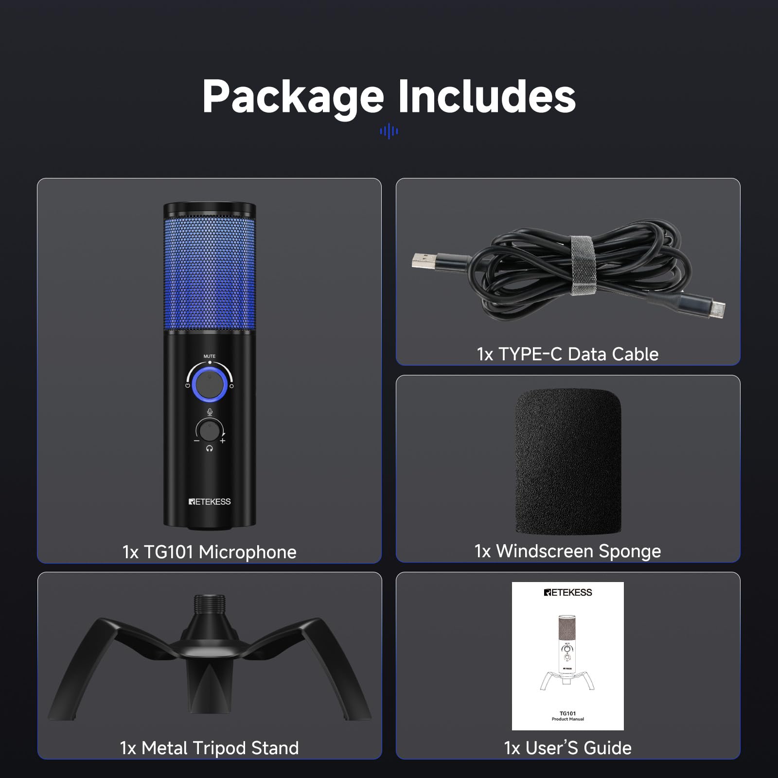 Retekess TG101 RGB USB Condenser Gaming Microphone with 2 Capsule Array - 96dB S/N Clear Sound, Metal Body, Shock Mount for PC, PS4/5 | Perfect for Streaming, Podcasting & Online Gaming