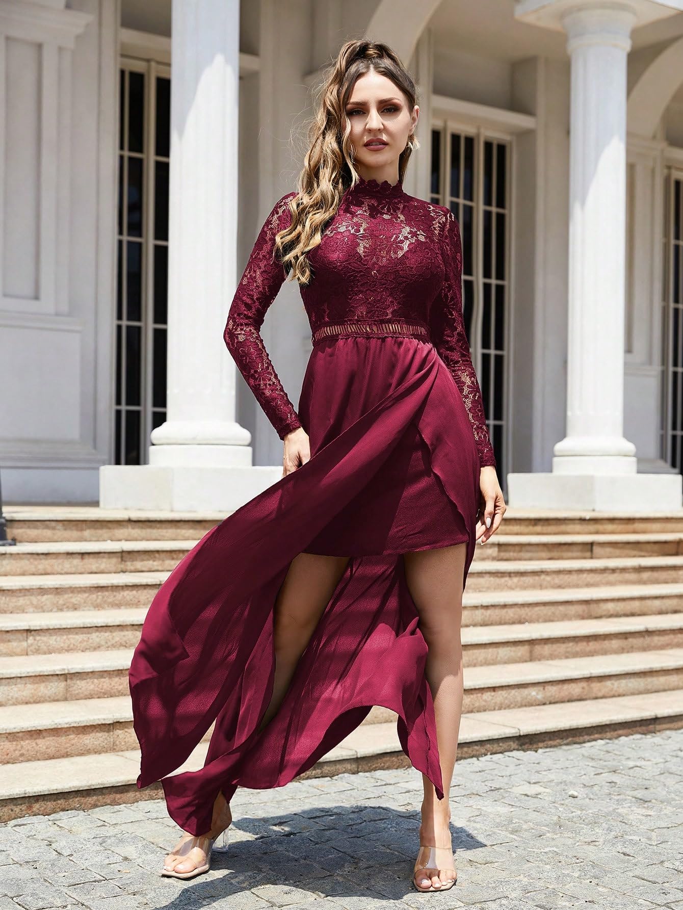 SweatyRocks Women's Sexy Sheer Lace Long Sleeve Split Maxi Cocktail Party Dress for Evening Gala, Prom, Wedding Guest & Special Occasions