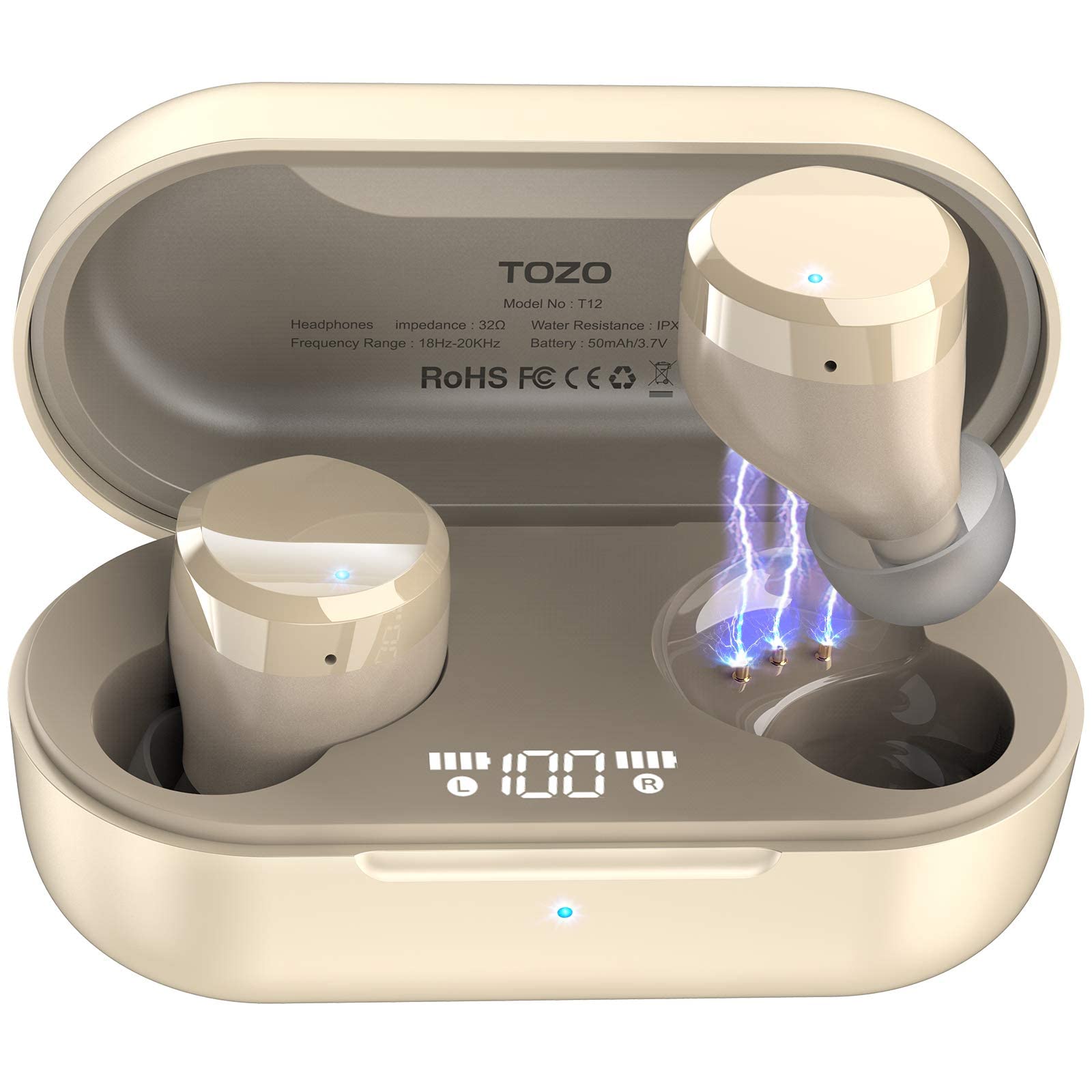 TOZO T12 Wireless Earbuds Bluetooth 5.3 Headphones with Wireless Charging Case, Hi-Fi Stereo Sound, IPX8 Waterproof, Built-in Mic, LED Display - Perfect for Gym, Running & Travel (Renewed, Champagne Gold)