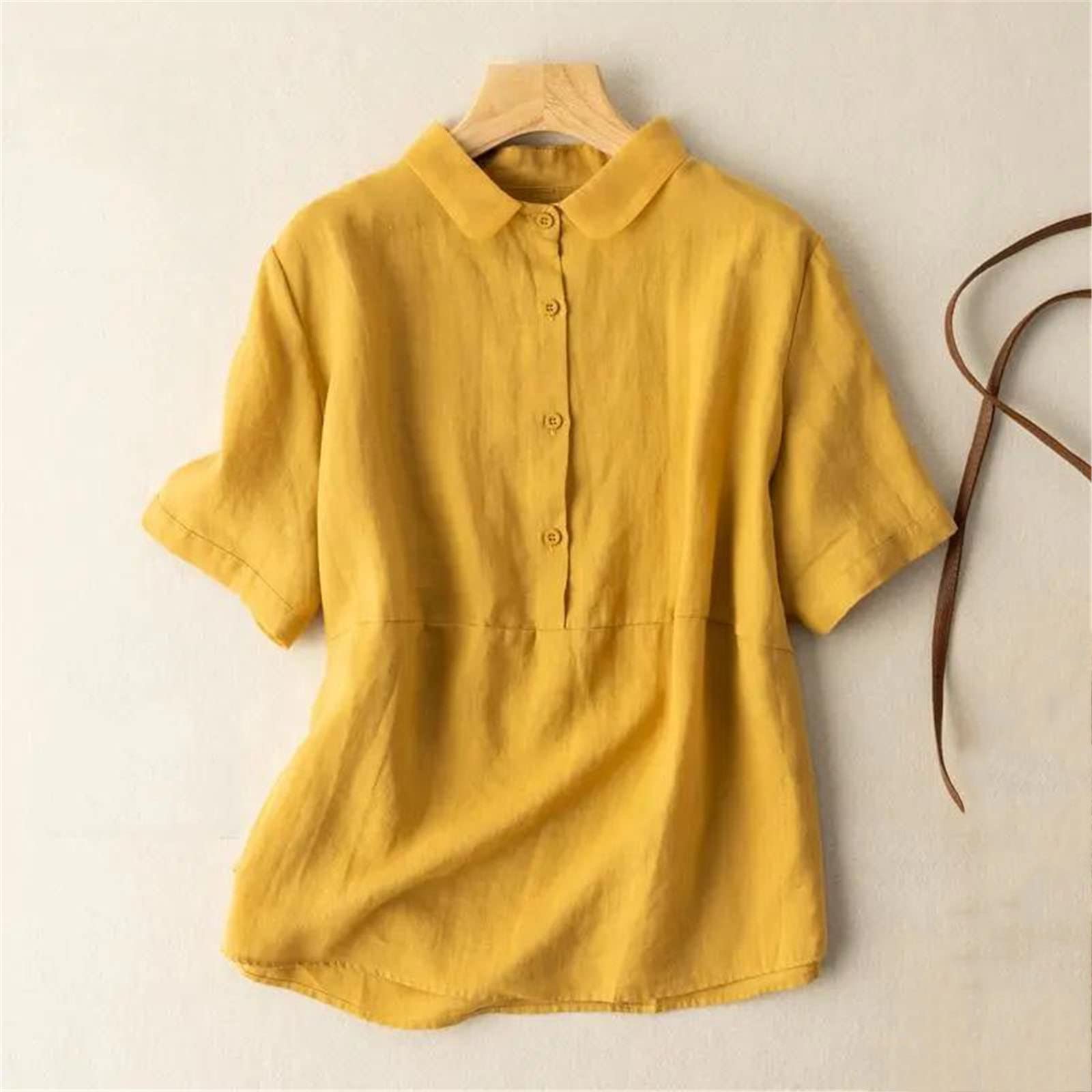 Women's Cotton Linen Blouse - Summer Short Sleeve Casual Tunic Top - Breathable Solid Black Shirt for Work, Travel & Everyday Wear