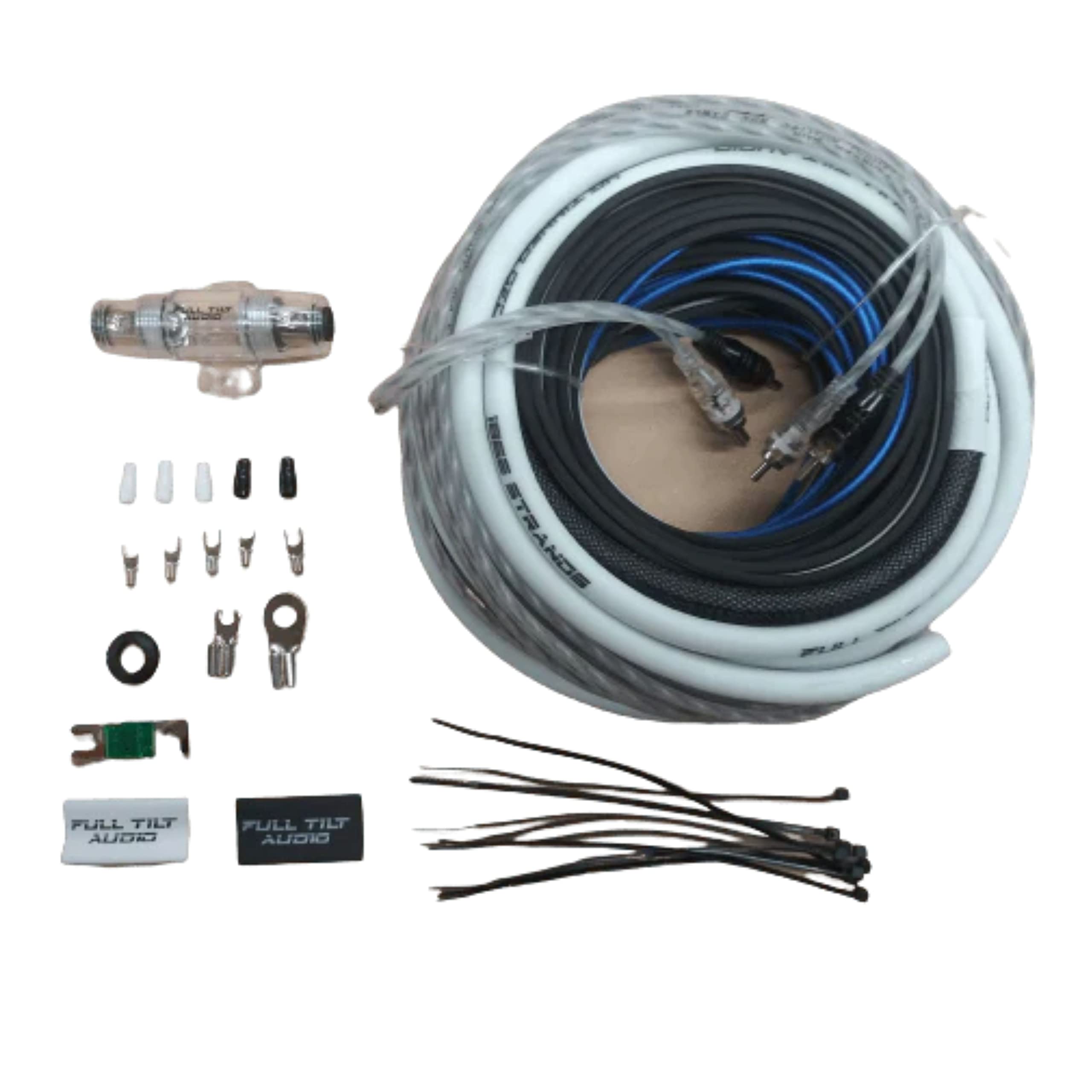 Full Tilt 4 Gauge AWG White/Black Amplifier Wire Kit - Premium Car Audio Power & Ground Cable for Car Stereo, Subwoofer, and Amp Installations