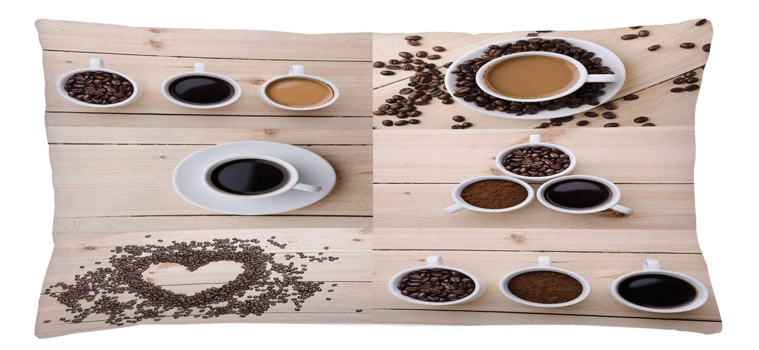 Ambesonne Coffee Lover Throw Pillow Cover - 36x16 Inch Decorative Square Cushion Case with Coffee Mug & Beans Design in Black Brown Tan | Perfect for Living Room, Bedroom & Office Decor