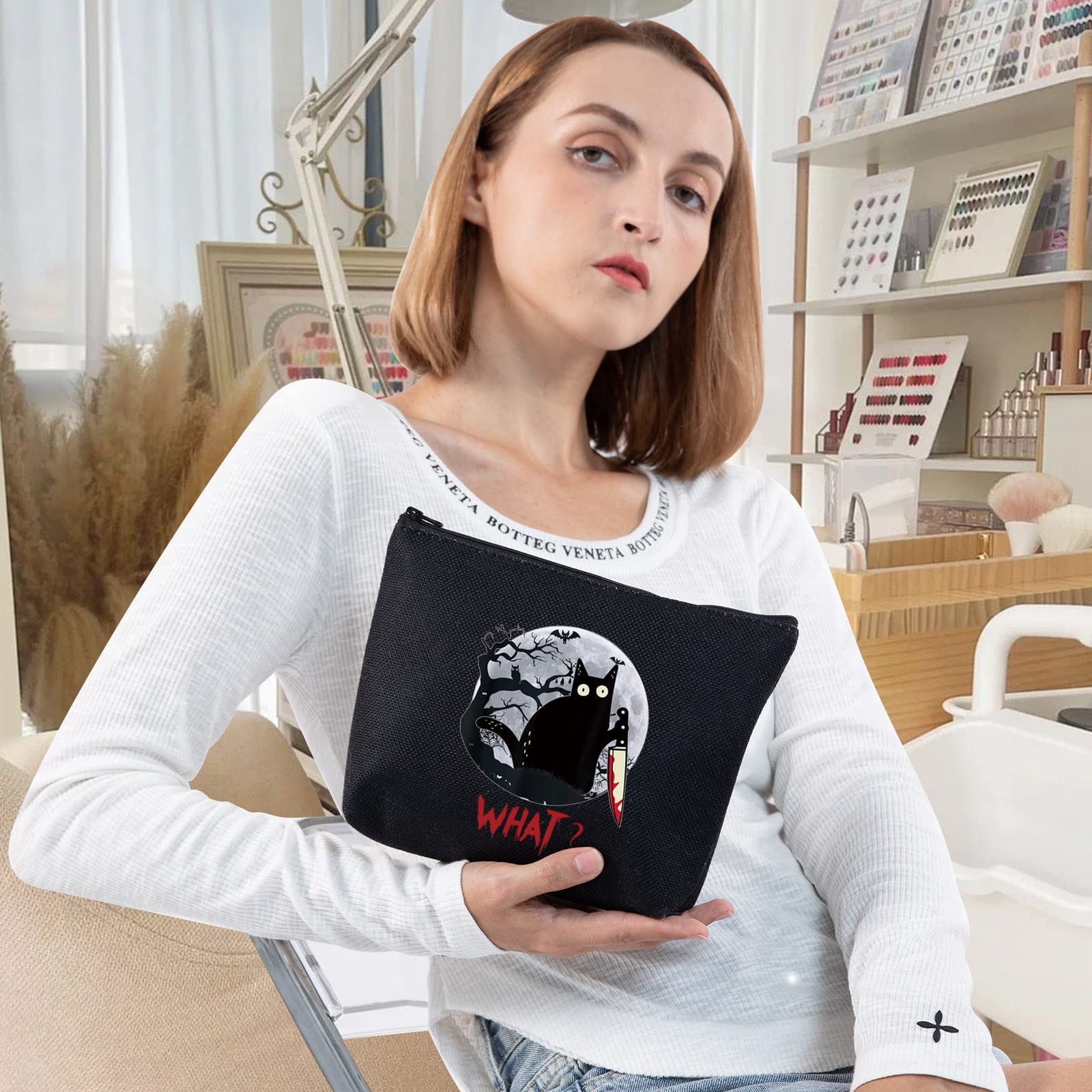 LEVLO Murderous Cat With Knife Makeup Bag - Cute Cartoon Animal Inspired Cosmetic Pouch - Perfect for Travel, Gifts & Daily Use (Black)