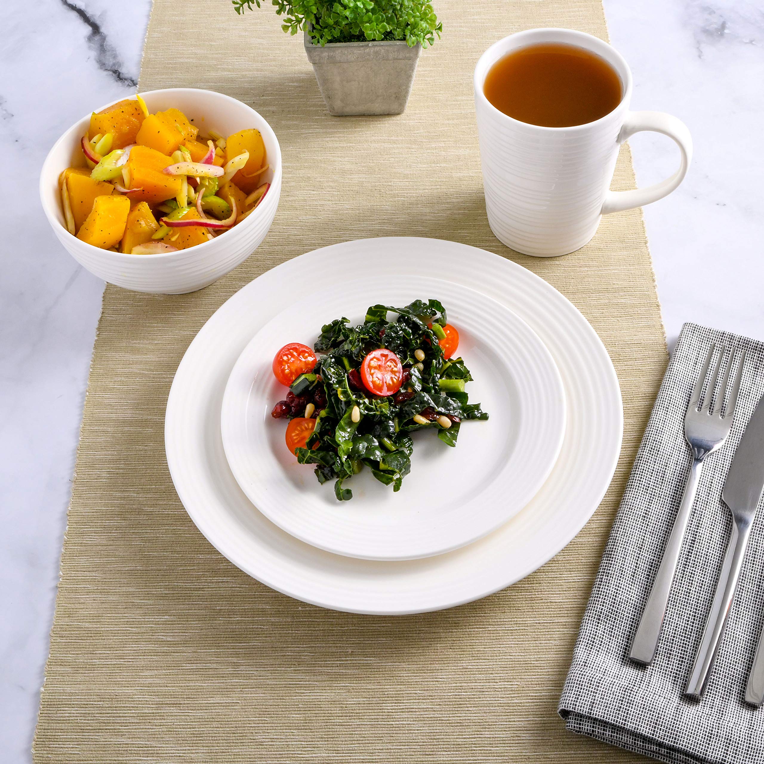 Gibson Home Amelia Court 16-Piece Dinnerware Set - White Porcelain Dinner Plates, Salad Plates, Bowls & Mugs - Elegant Tableware for Everyday Dining, Dinner Parties & Holiday Gatherings
