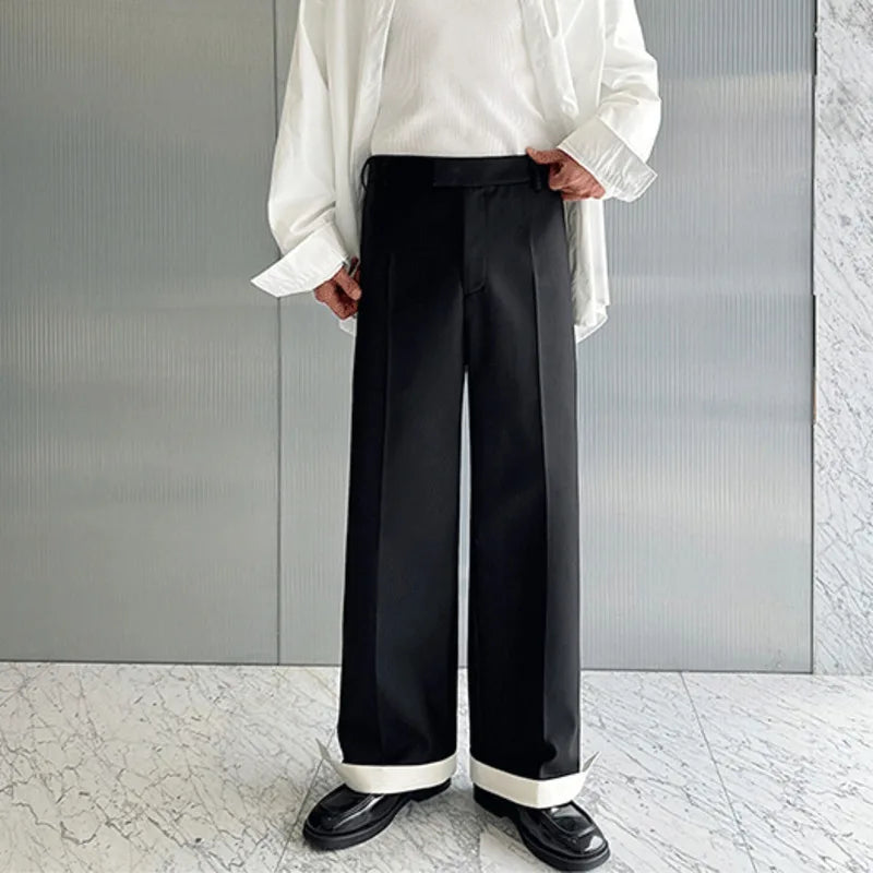 Men's Autumn Wide Leg Suit Pants - Contrast Color Cuffed Hidden Buckle Design, Versatile Straight Dress Pants for Business Casual & Office Wear | Style 9C7057