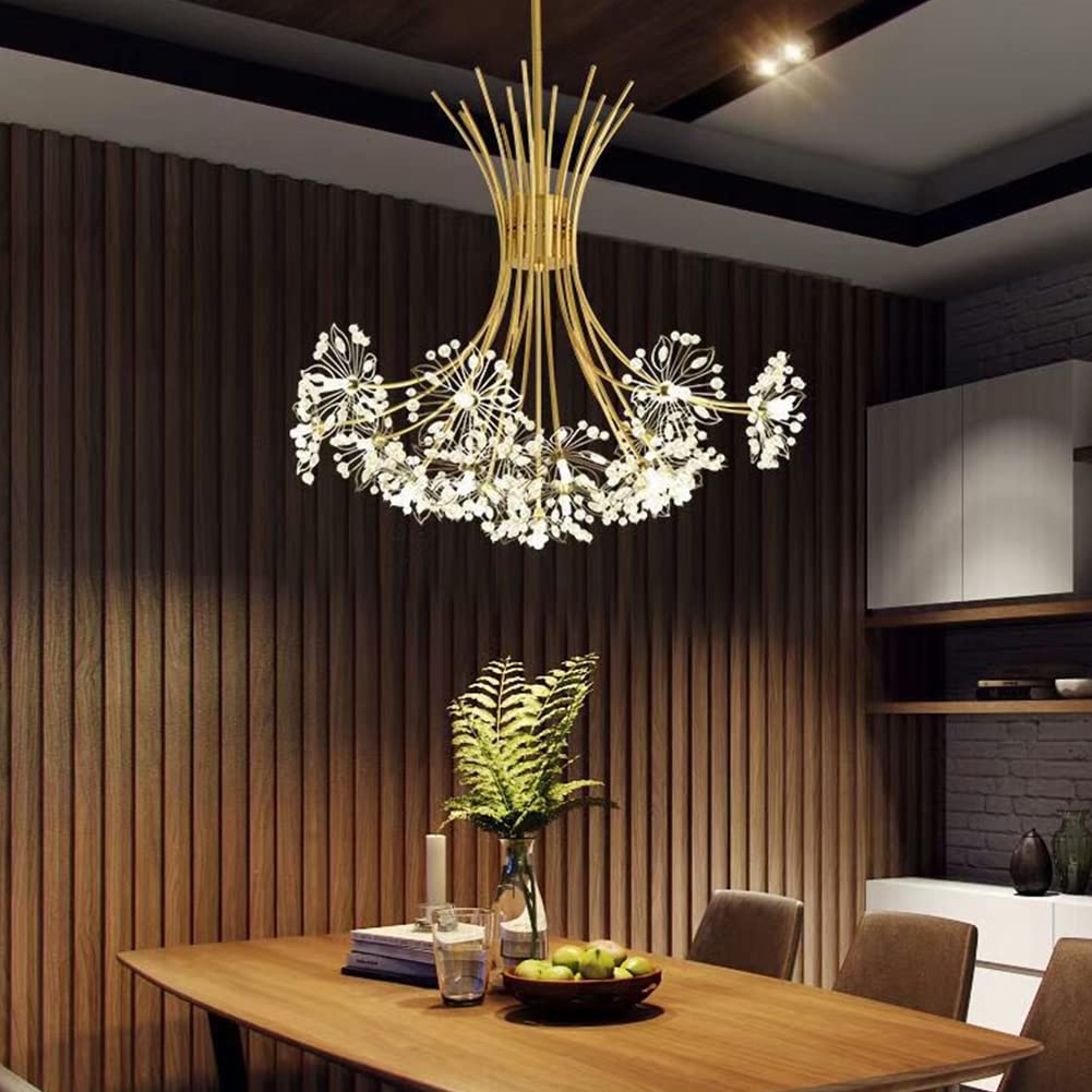 Modern Crystal Chandelier - Fireworks LED Pendant Light with Dandelion Flower Design - 13-Light Gold Ceiling Fixture for Living Room, Restaurant, Bedroom & Kitchen - Perfect for Dining Areas, Entryways and Home Decor