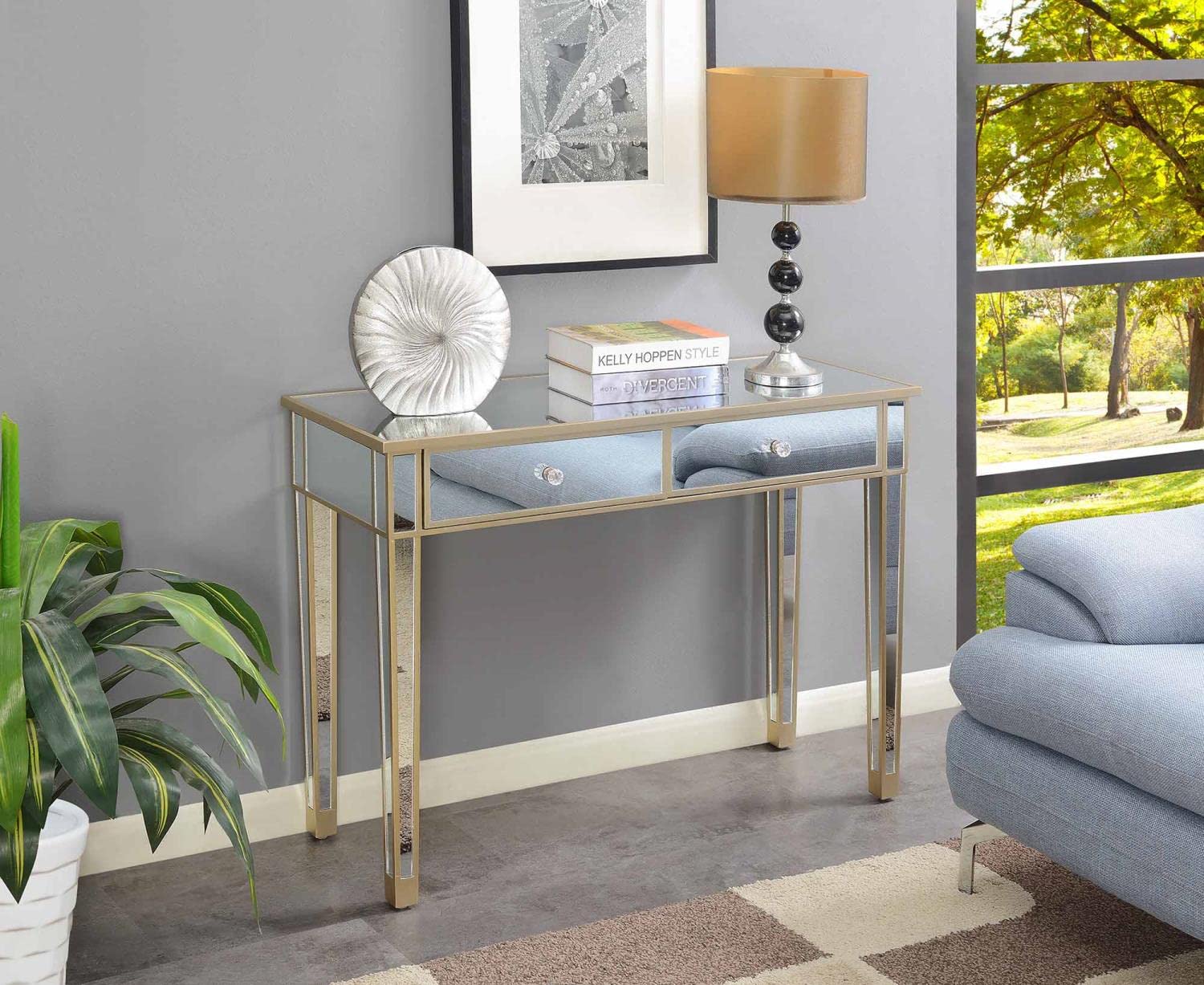 Convenience Concepts Gold Coast Desk - Champagne Finish with Mirror Top | Stylish Home Office & Study Desk for Small Spaces