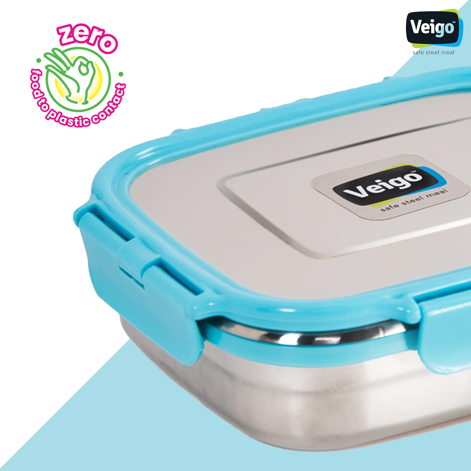 Veigo Stainless Steel Medium Snack Box 330ml - Airtight Leakproof Food Container for School, Office & Travel | Freezer & Dishwasher Safe | BPA-Free with Silicone Ring & Secure Lock | Perfect for Kids Lunch, Meal Prep & Snack Storage (Sky Blue)