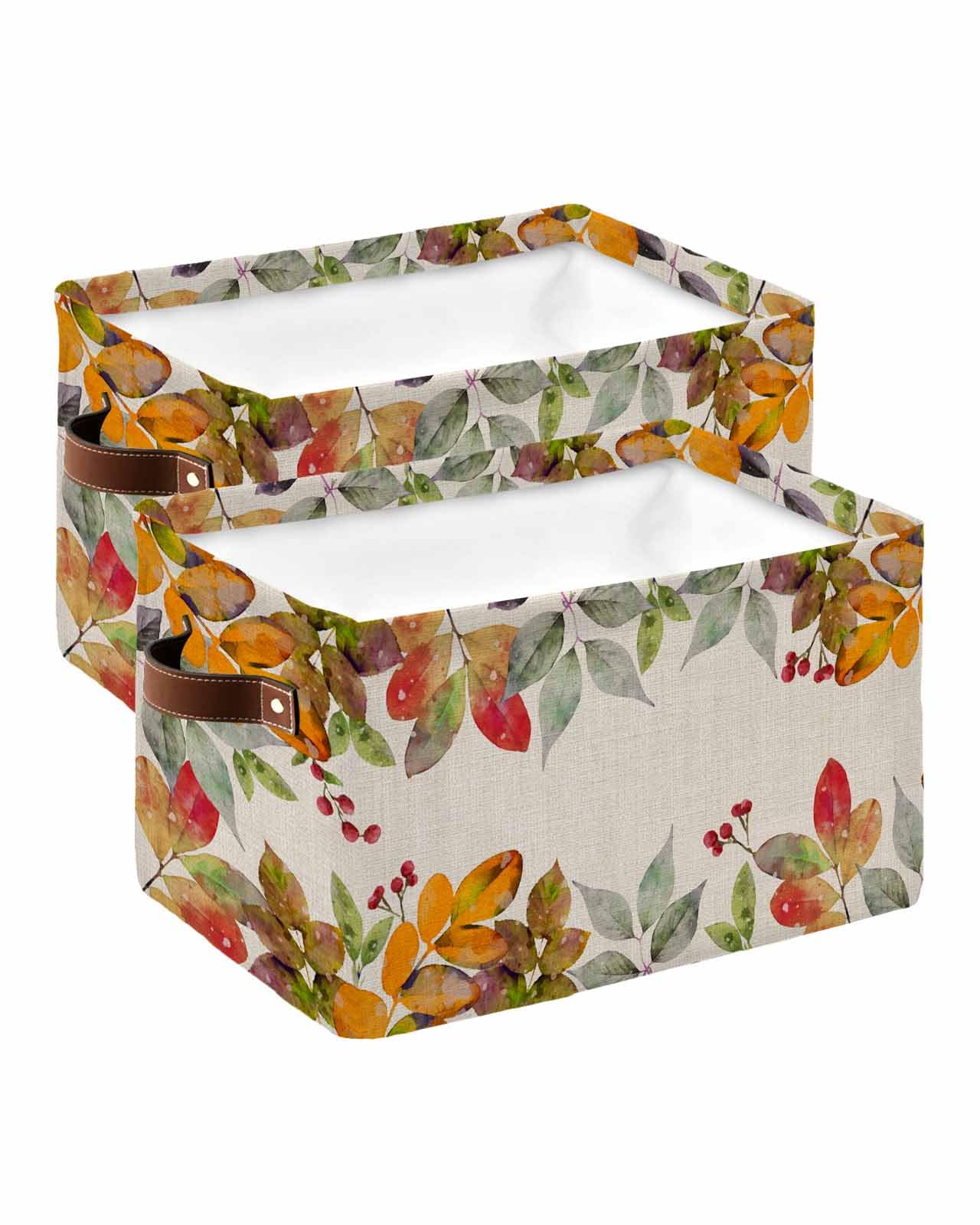 Orange Red Fall Leaves Storage Baskets - 2 Pack Burlap Fabric Storage Cubes with Handles (15