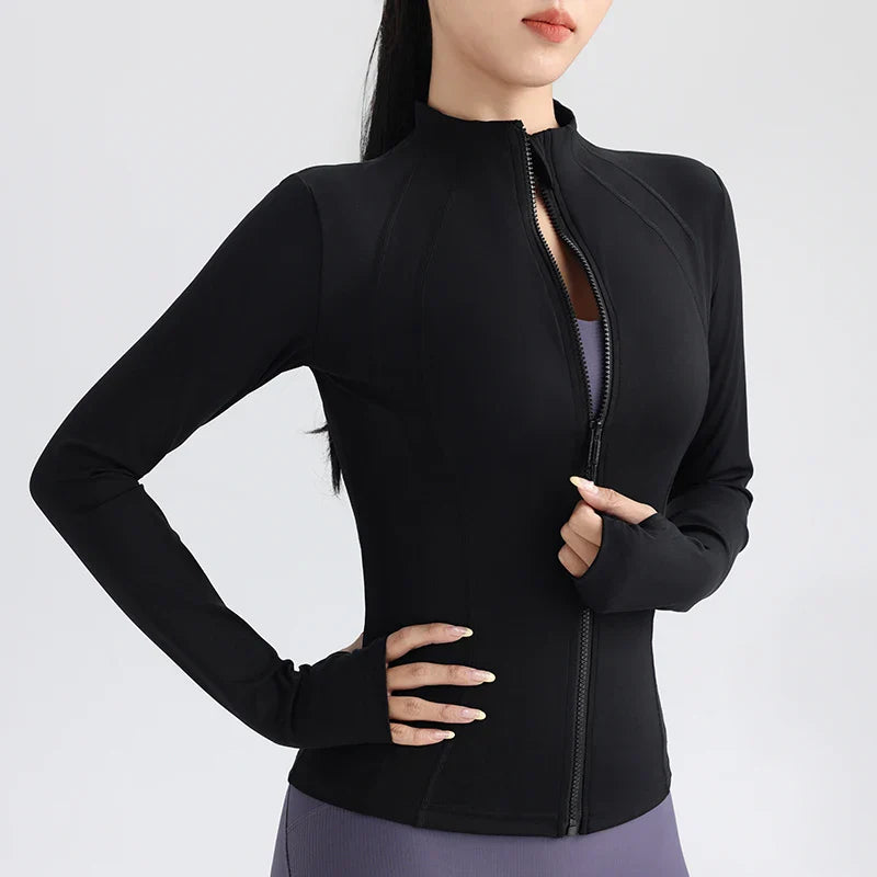 Women's Full Zip Yoga Jacket with Thumbholes - Stretch Fit Long Sleeve Workout Top for Gym, Running & Fitness - Breathable Round Neck Sportswear for Yoga, Pilates & Outdoor Activities