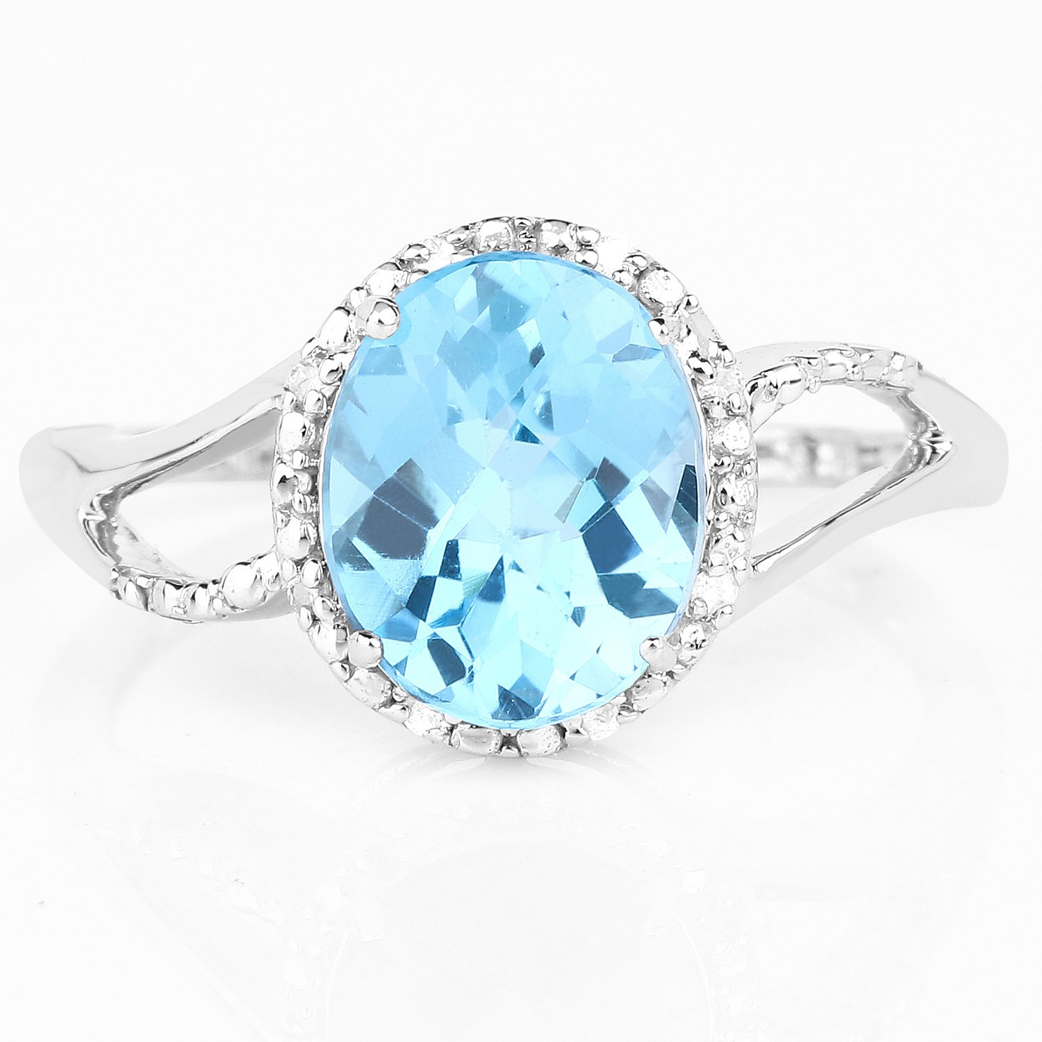 Genuine Swiss Blue Topaz and Diamond Ring in 10k White Gold - Size 8.00 | Elegant Women's Jewelry for Engagement, Wedding & Special Occasions | Bonyak Jewelry