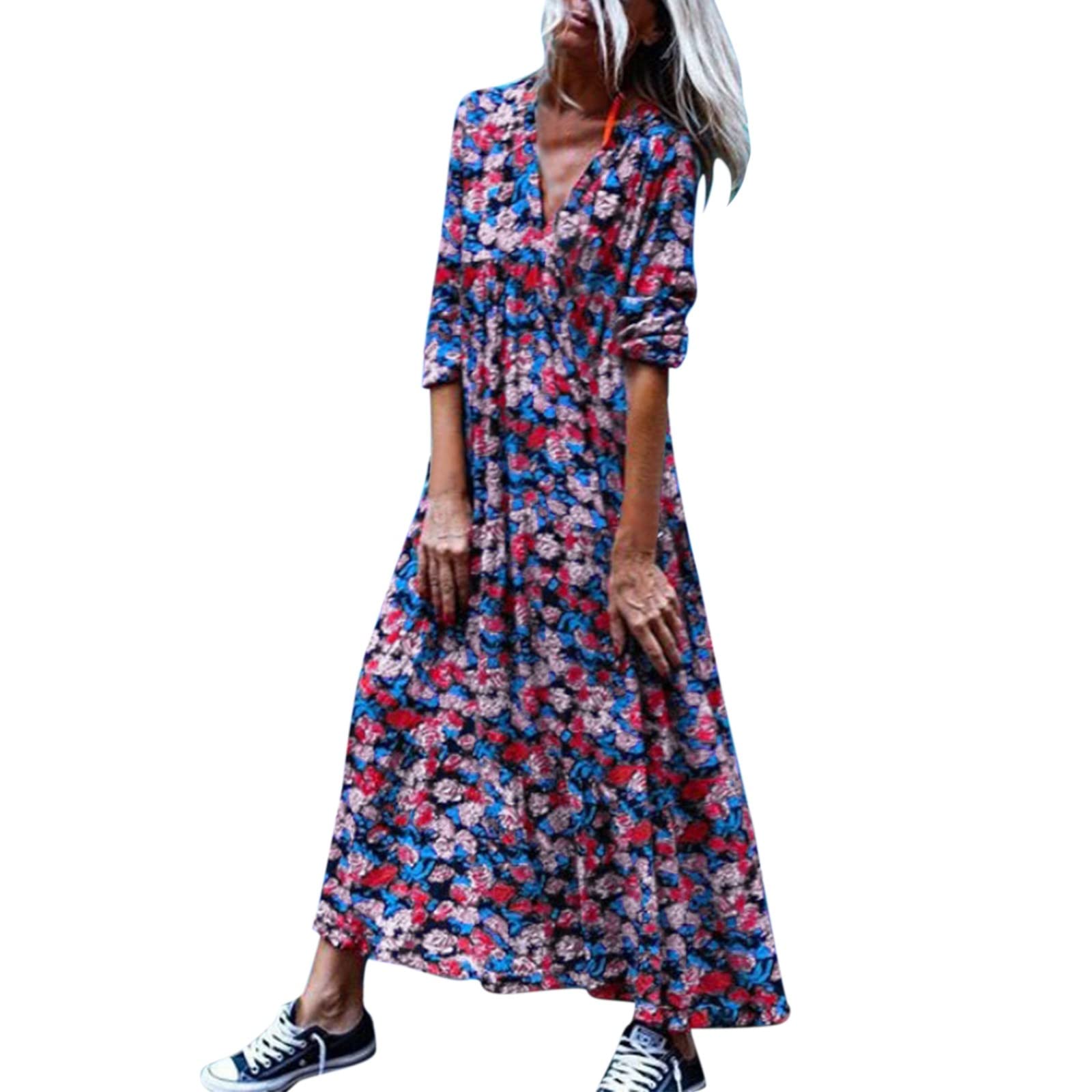 2023 Women's Summer Tropical Boho Print Dress - V Neck Half Sleeve Loose Casual Maxi Dress for Beach Vacation & Holiday Wear (Sky Blue, Medium) | Breathable Fabric for Tropical Weather, Perfect for Pool Parties & Summer Getaways