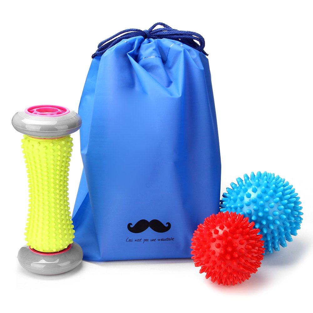 Rightwell® Foot Massager Roller & Spiky Balls Set - Plantar Fasciitis Relief, Muscle Recovery Tool for Feet, Wrists & Forearms - Includes 1 Roller Stick + 2 Massage Balls - Perfect for Post-Workout Recovery, Office Stress Relief & Home Relaxation Therapy