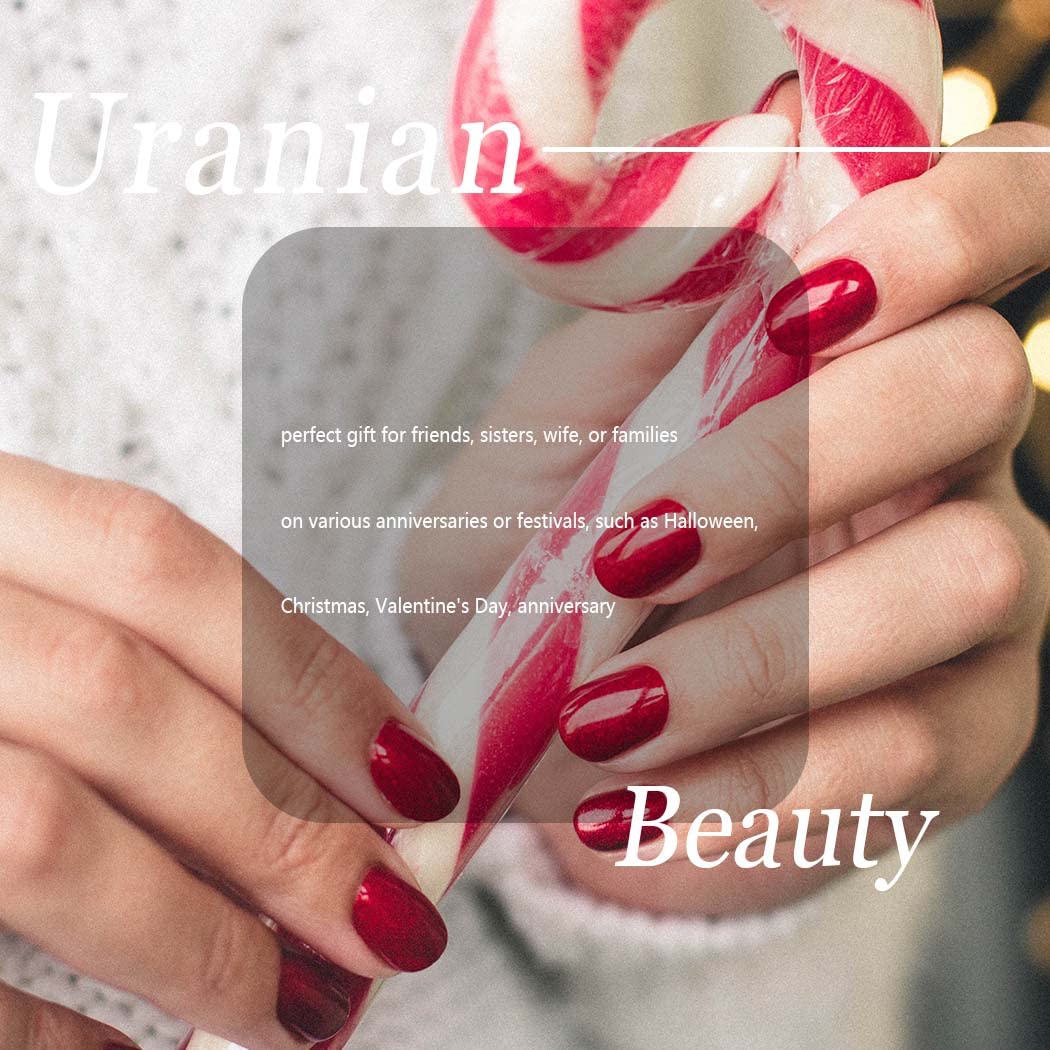 Uranian Christmas Press on Nails - 24pcs Long Red Coffin Fake Nails with Snowflake, Stripes & Santa Claus Designs | Glossy Glitter Stick on Nails for Women & Girls | Full Cover French Tip Acrylic Nails for Holiday Parties, Gift Giving & Festive Nail Art