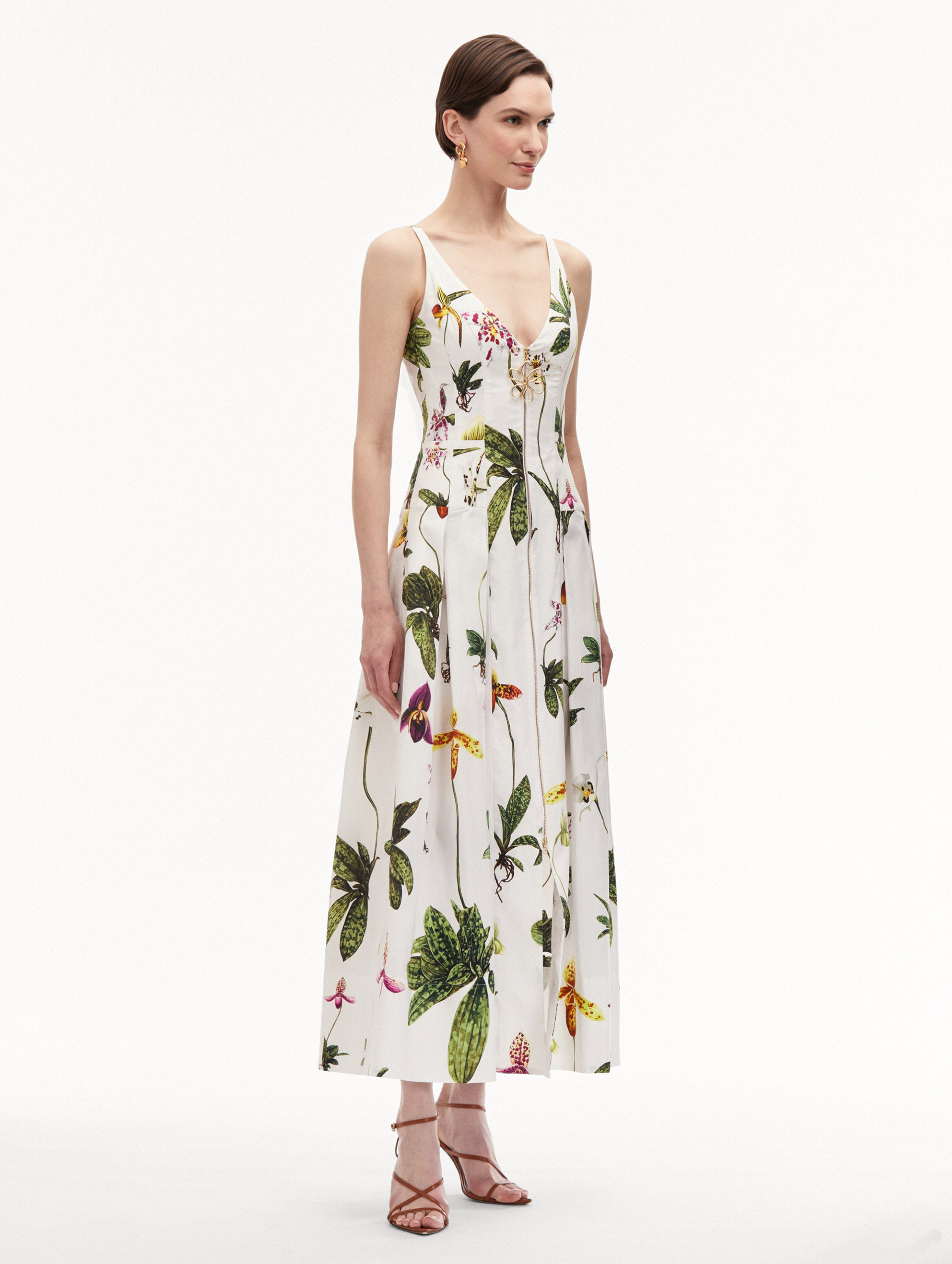 Orchid Zip Front Cotton Poplin Dress - Women's Floral Summer Casual Dress for Brunch, Wedding Guest & Vacation | Lightweight Breathable A-Line Style