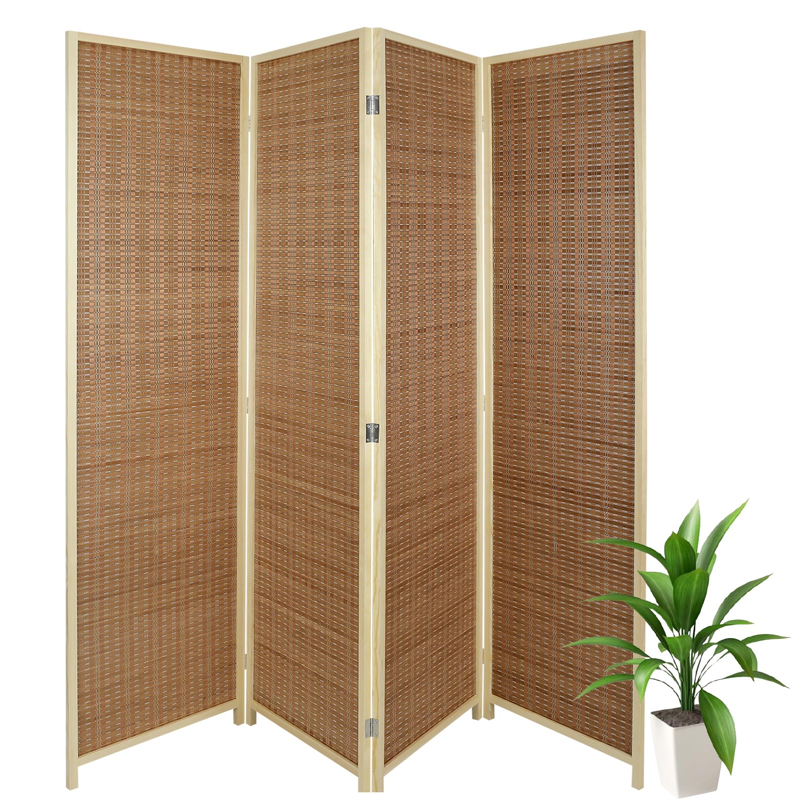 ECOMEX 4 Panel Wooden Room Divider - 5.9ft Tall Freestanding Folding Privacy Screen, Brownish Red Weave Partition for Home Office, Bedroom & Living Room Separator