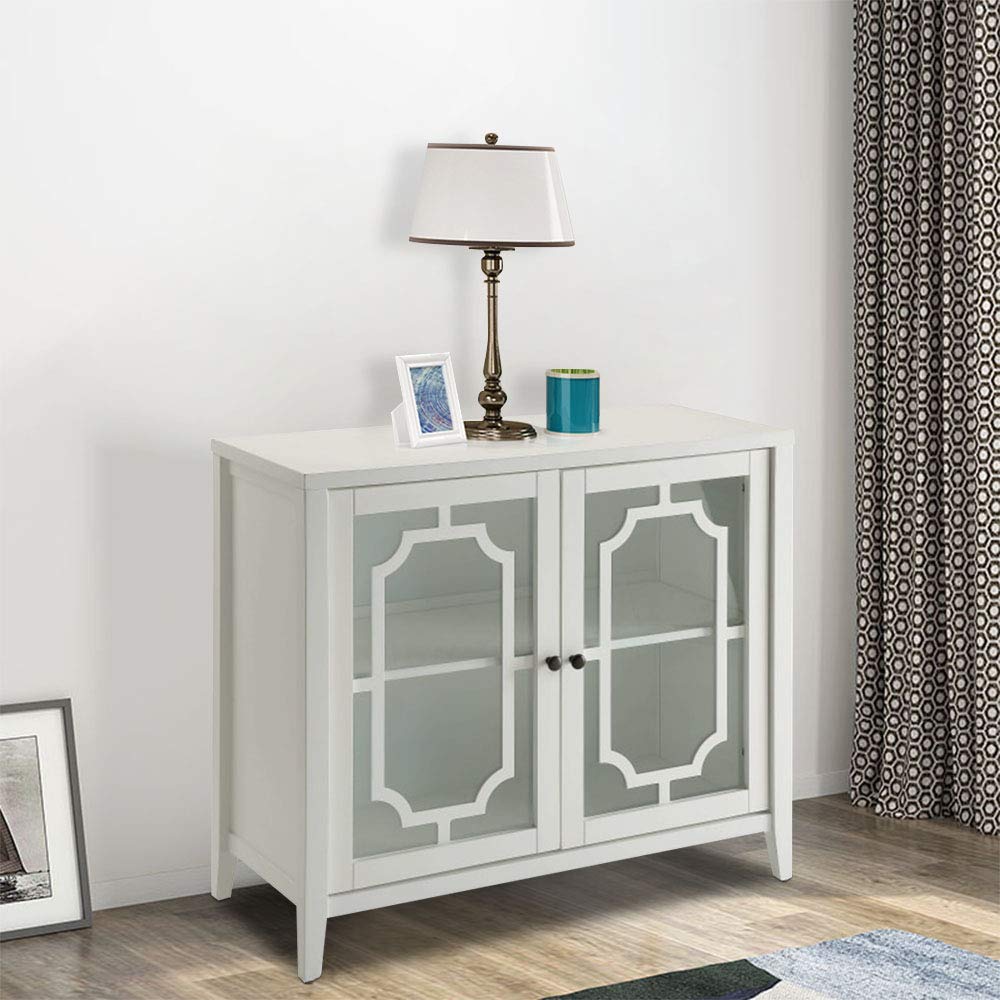Goujxcy Wooden Floor Storage Cabinet with Glass Door - White Console Cabinet for Living Room, Display Organizer for Books, Games & Decor