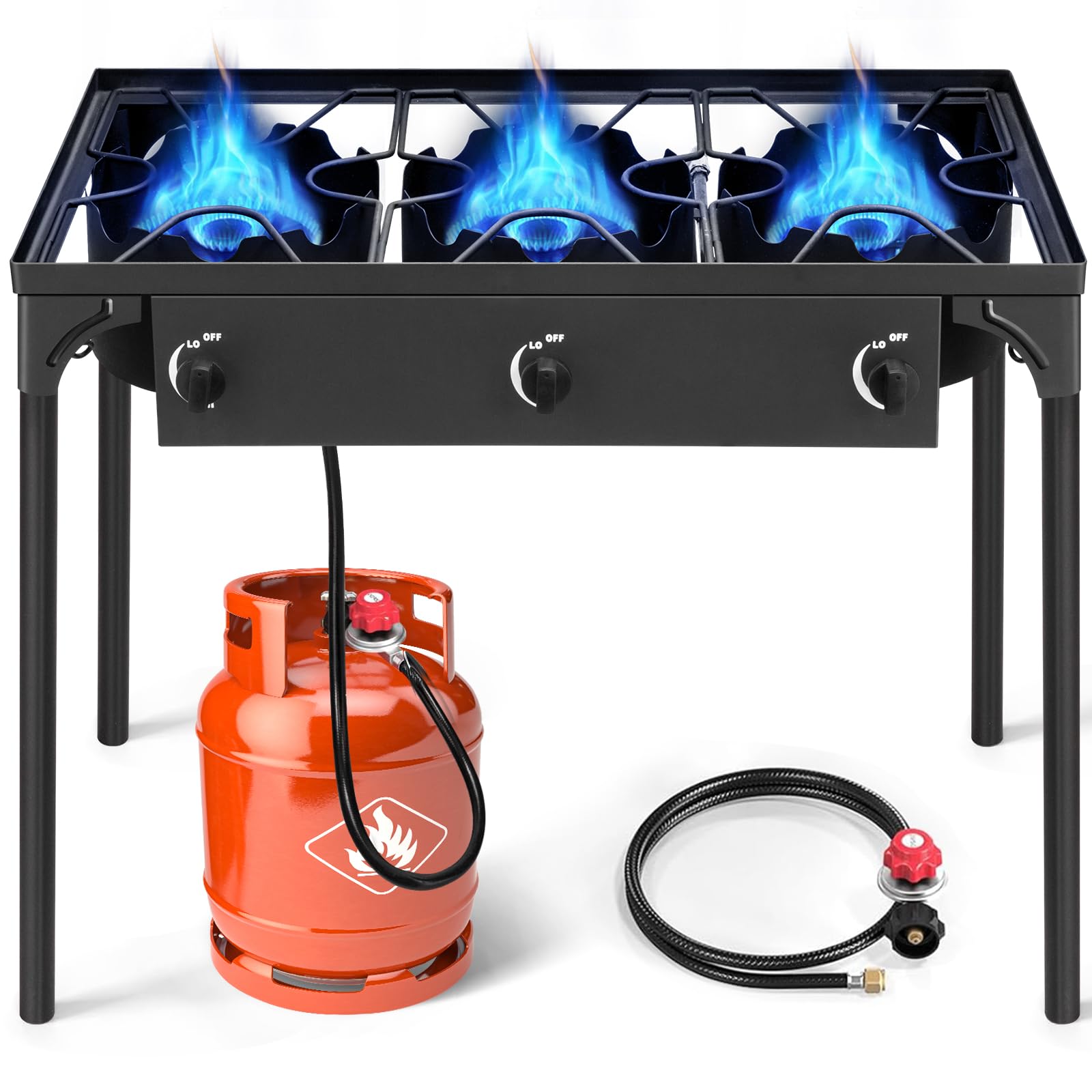 Karl Home 3-Burner Propane Gas Stove - 225,000 BTU Outdoor Camping Cooker with Removable Legs & Adjustable PSI Regulator - Perfect for Backyard BBQ, Grilling, Frying, Baking and Picnics