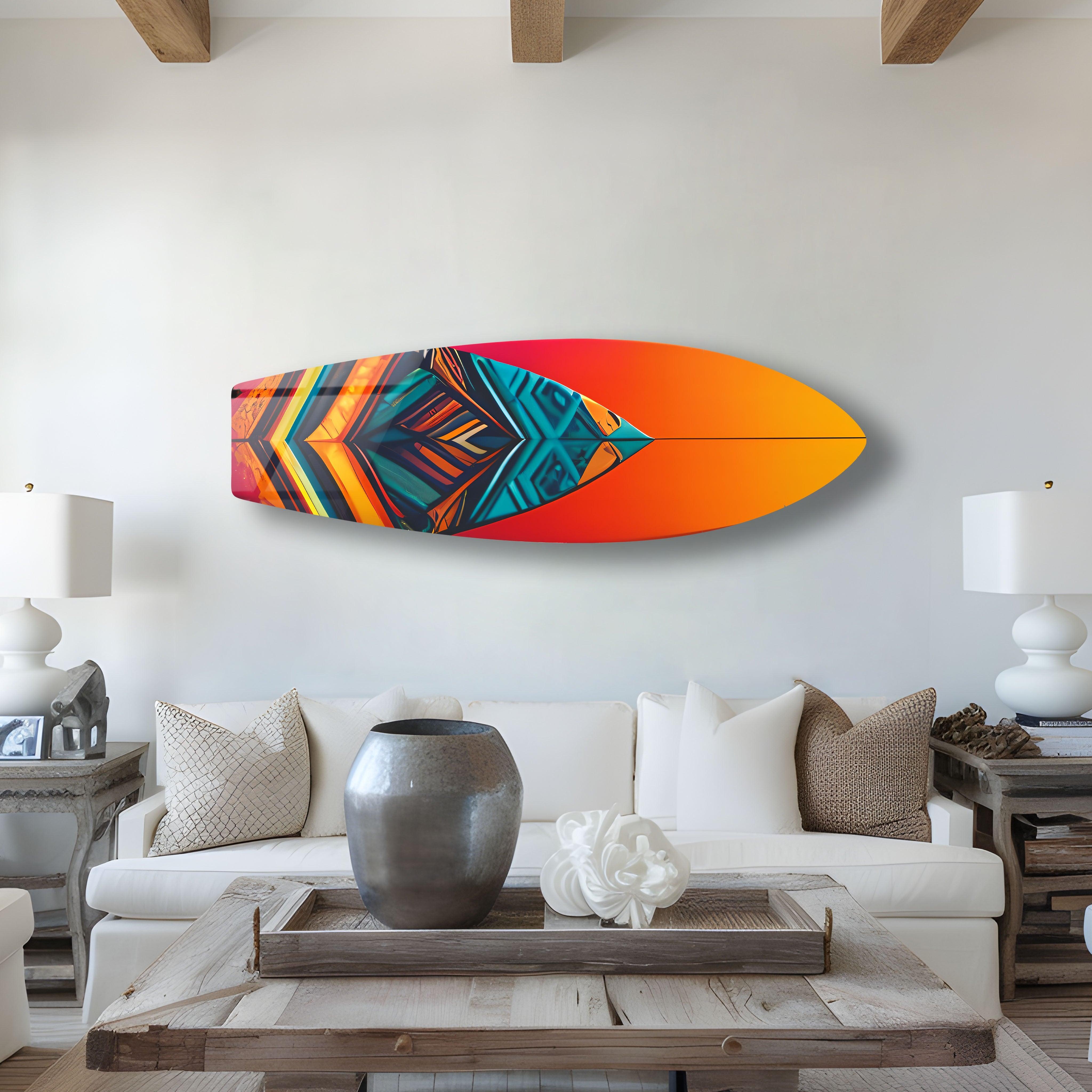Blue Orange Details Surfboard Wall Art - Coastal Beach Decor for Living Room, Bedroom & Office - Perfect Surfing Theme Home Décor