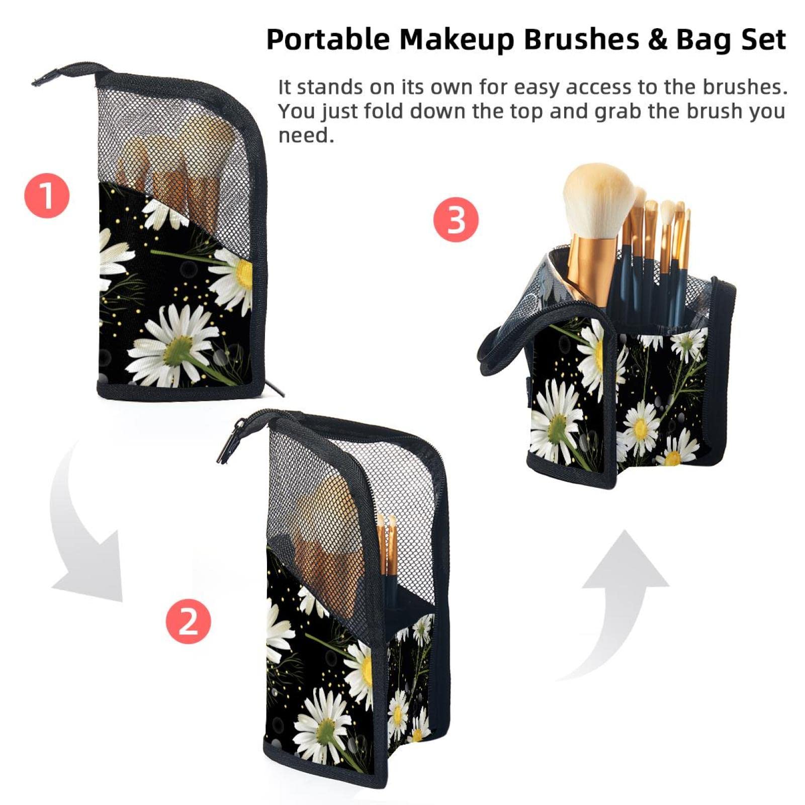 12-Piece Makeup Brush Organizer Bag with Polka Dot Floral Design - Portable Cosmetic Brush Holder Case for Travel & Home Storage