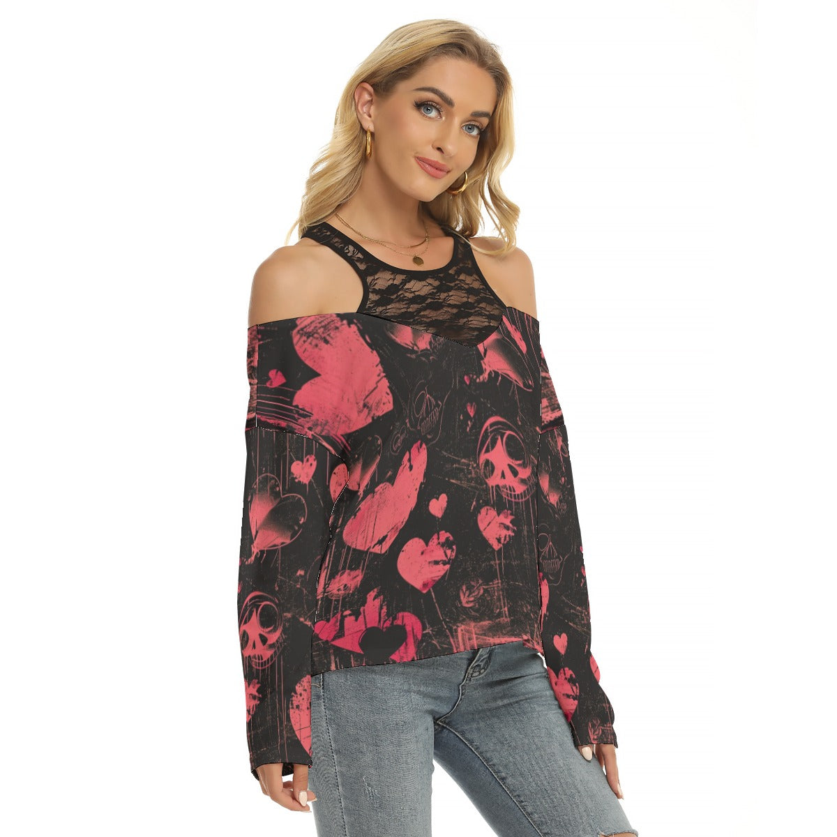 Faded Hearts and Skulls Lace Mesh Collar Cold Shoulder Long Sleeve Blouse - Gothic Boho Chic Top for Women, Perfect for Halloween, Parties, and Vintage Fashion Outfits