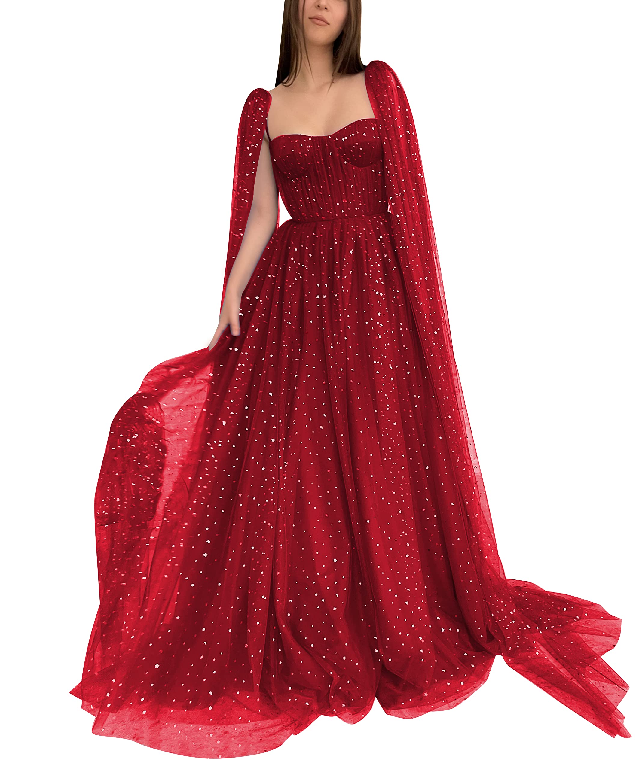 Sparkly Long Sleeve Puff Prom Dress - Elegant Tulle Ball Gown A-Line Formal Evening Gown with Pockets for Homecoming, Wedding, Quinceañera & Special Occasions