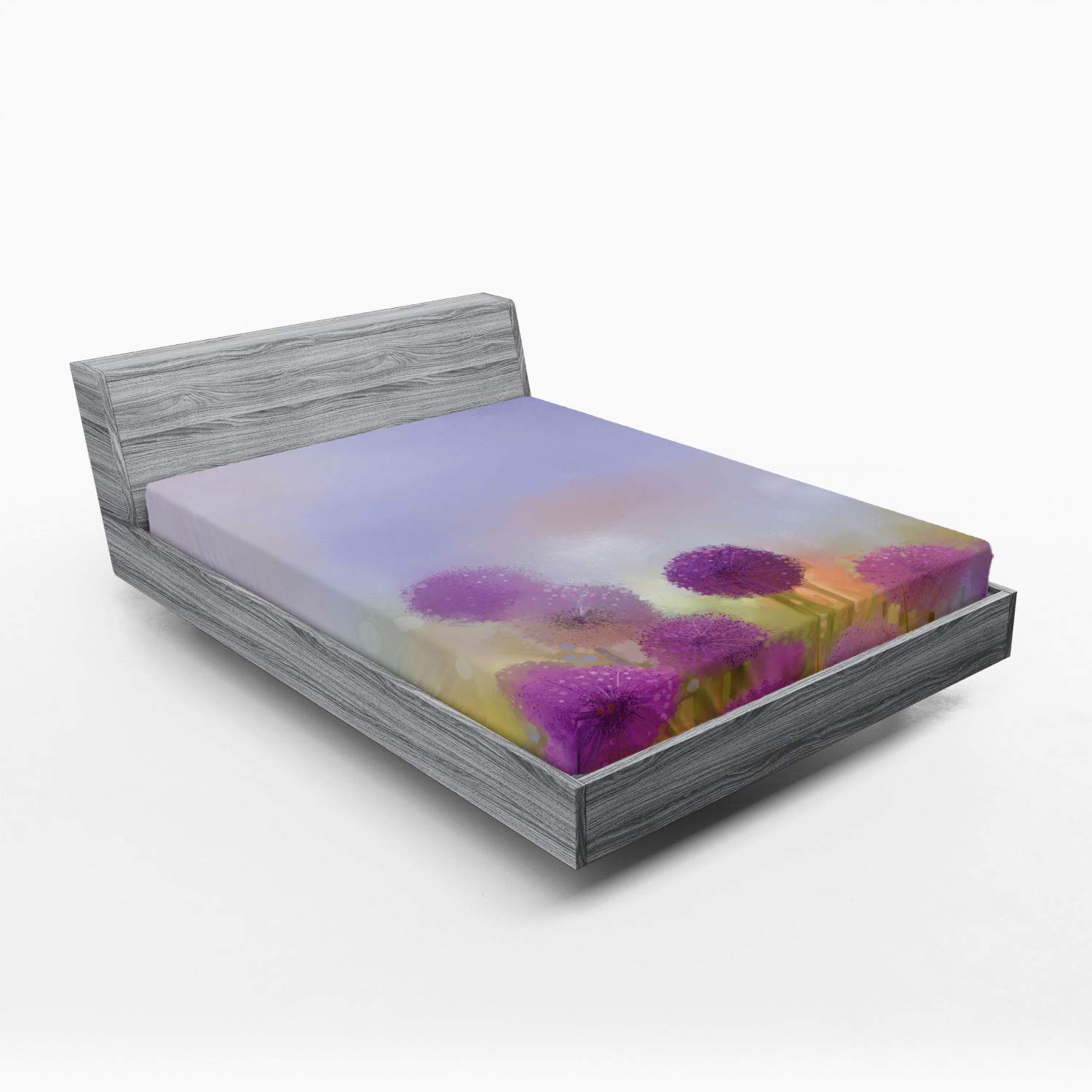 Ambesonne Floral Fitted Sheet - Queen Size Deep Pocket Bedding with Spring Meadow Onion Flower Design, All-Around Elastic for Secure Fit, Purple Blue - Perfect for Guest Rooms, Vacation Homes & Nature-Themed Bedrooms