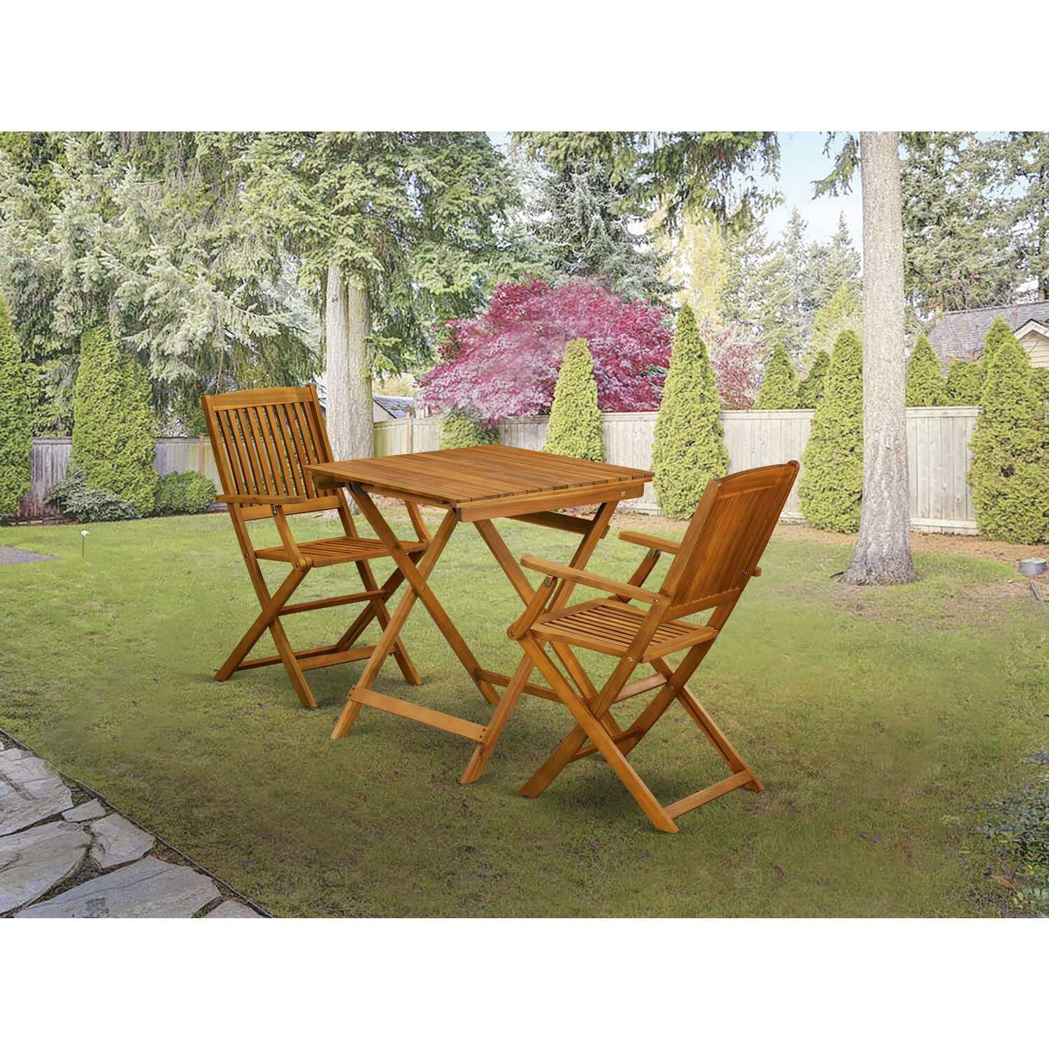 East West Furniture 3-Piece Patio Bistro Set - Square Acacia Wood Folding Table & 2 Arm Chairs - 26x26 Inch Outdoor Coffee Table Set - Natural Oil Finish - Perfect for Backyard, Garden, Balcony & Small Space Dining