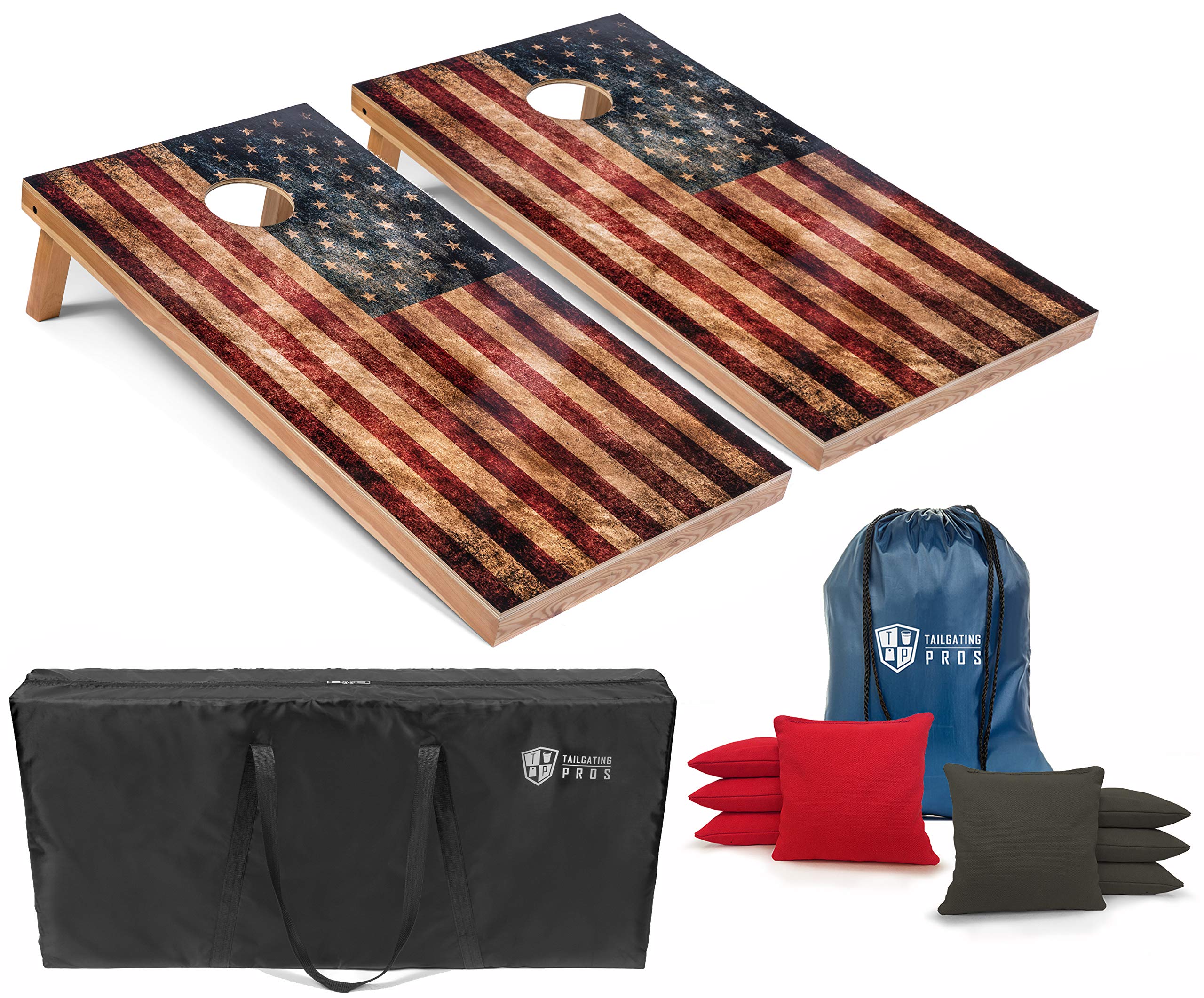 Premium Rustic American Flag Cornhole Boards Set with LED Ring & Carrying Case - 4'x2' Distressed Wooden Cornhole Game with 8 Bean Bags - Perfect for Backyard Parties, Tailgating Events, and Outdoor Family Gatherings