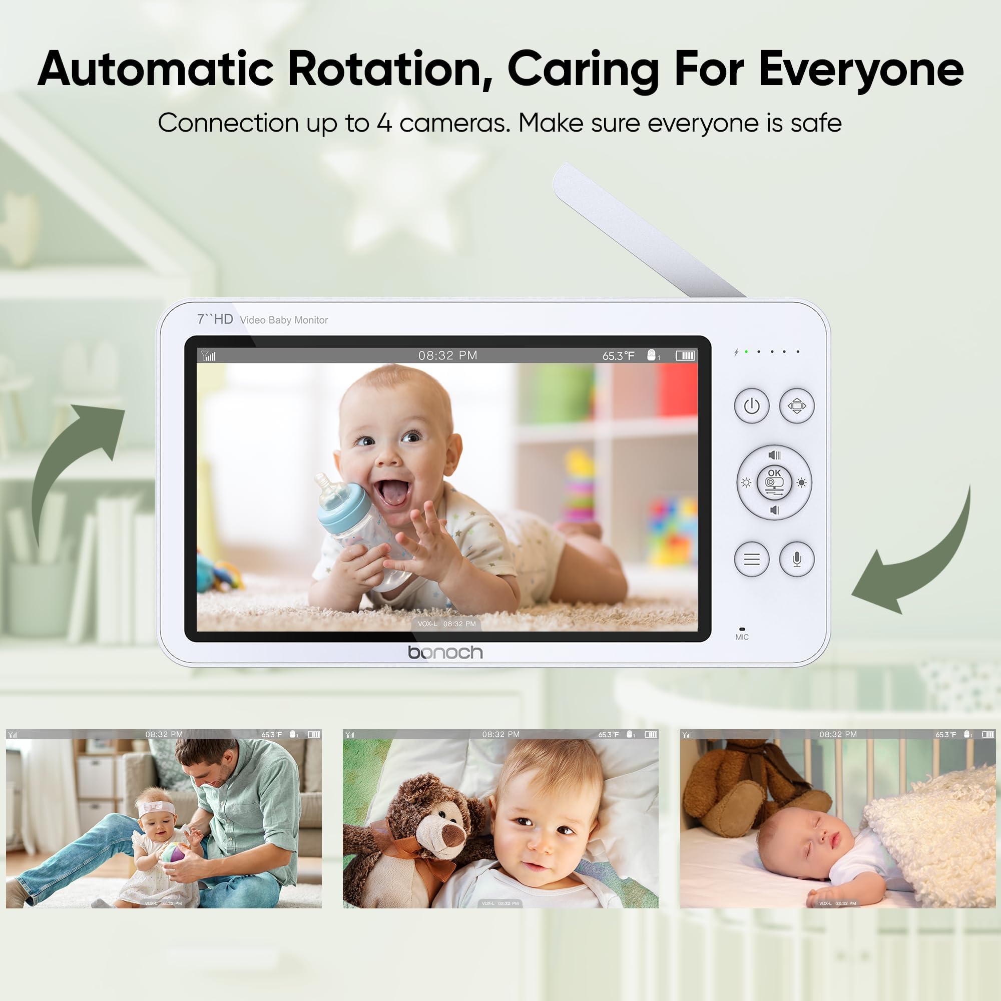 Bonoch Add-on Baby Camera for BBM01/BBM03/BBM05 - 720p HD Video Monitor with Split-Screen, Night Vision, 4X Zoom, 2-Way Audio & Temperature Sensor - Perfect for Nursery, Bedroom & Child Safety Monitoring