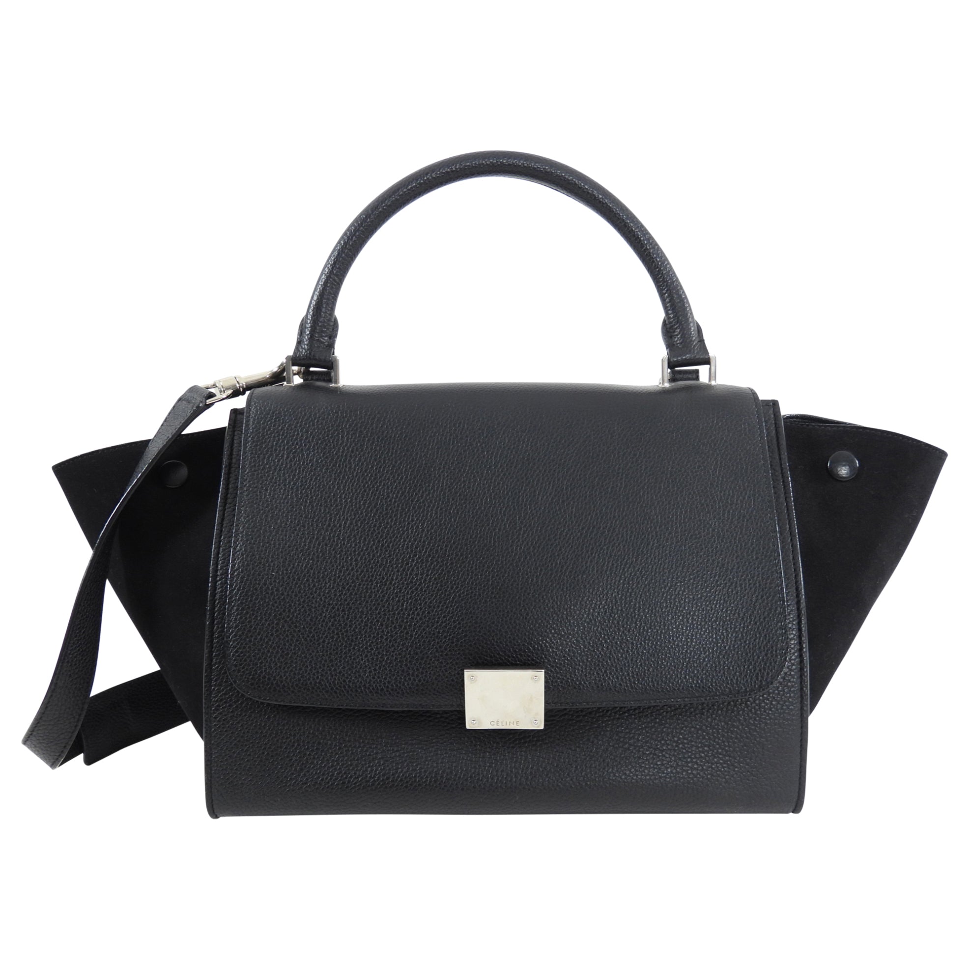 Celine Small Black Leather & Suede Trapeze Handbag for Women | Luxury Crossbody Purse for Work, Travel & Evening Out