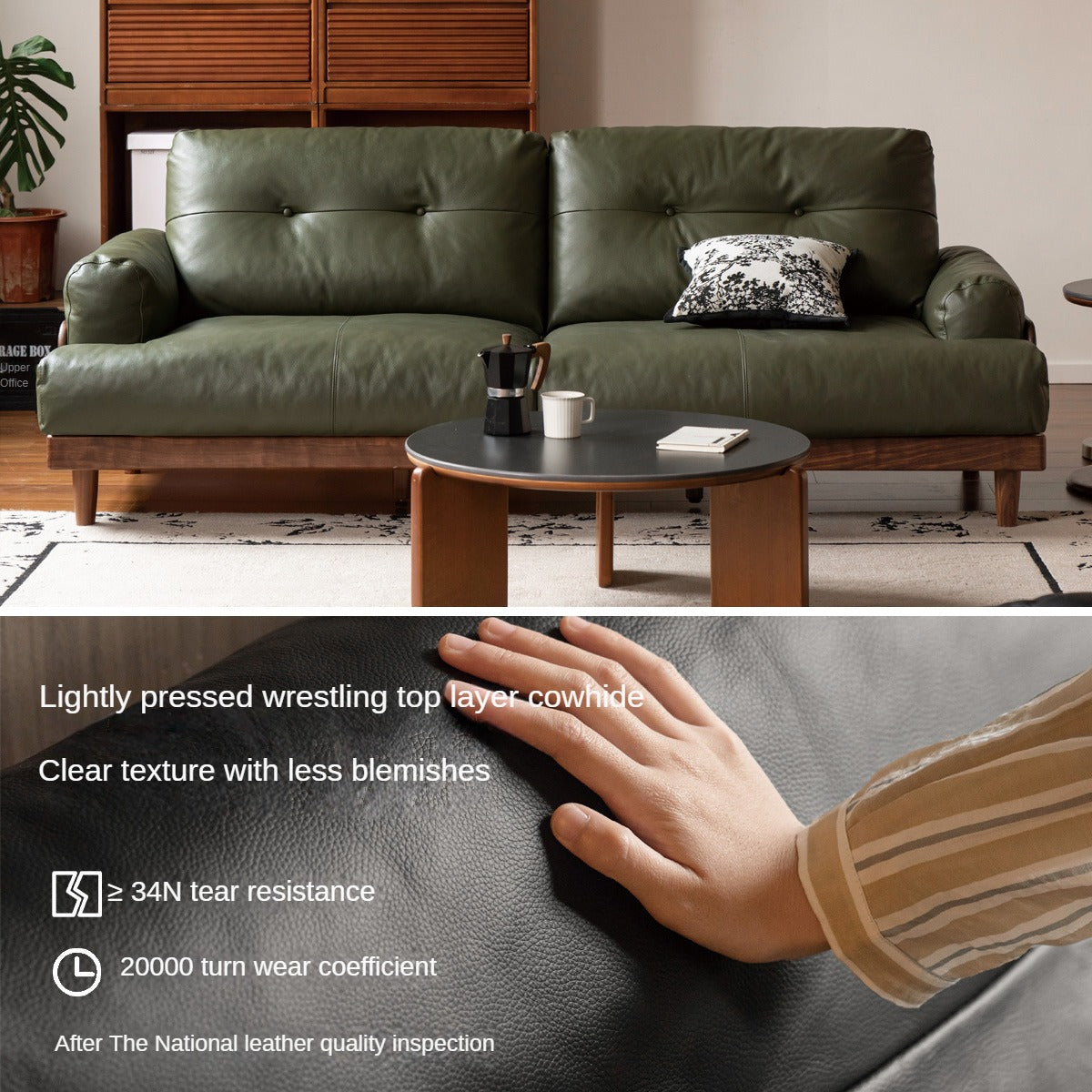 Premium Black Walnut Solid Wood Sofa - Genuine Leather & Fabric Upholstery, Modern Living Room Furniture for Home & Office Comfort