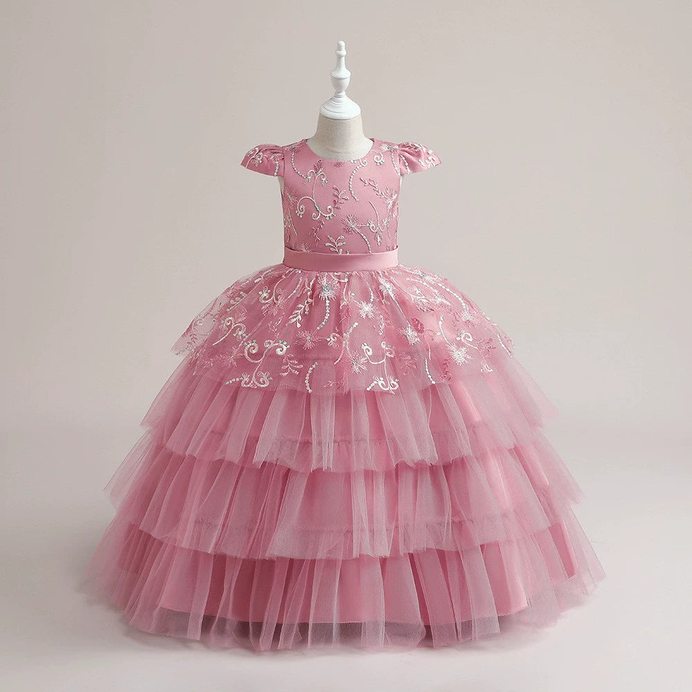 Pink Princess Round Floor Length Satin Flower Girl Dress for Weddings, Pageants & Special Occasions