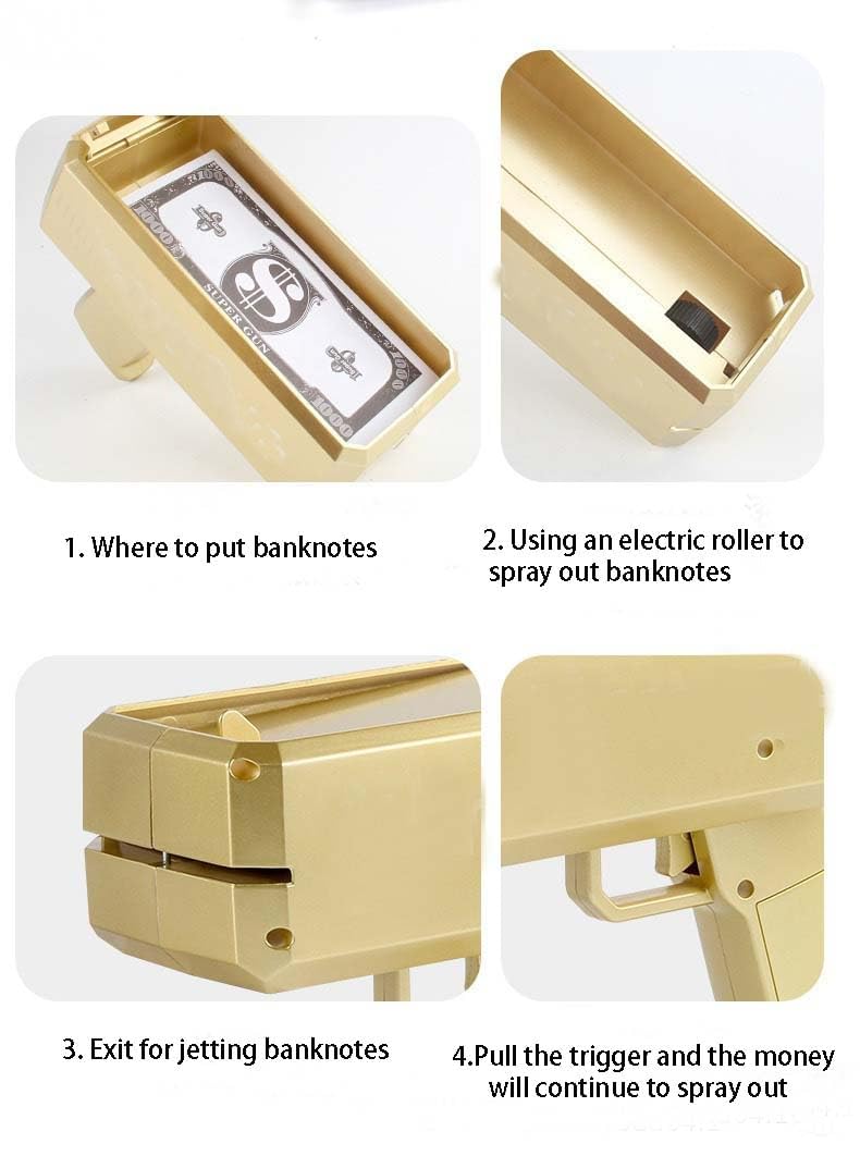 Realistic Prop Gold Money Shooter Gun - Fake Cash Gun, Money Thrower for Parties & Events | Wedding, Birthday, Christmas Celebration Accessory | Fun Money Scattering Toy for Festive Occasions
