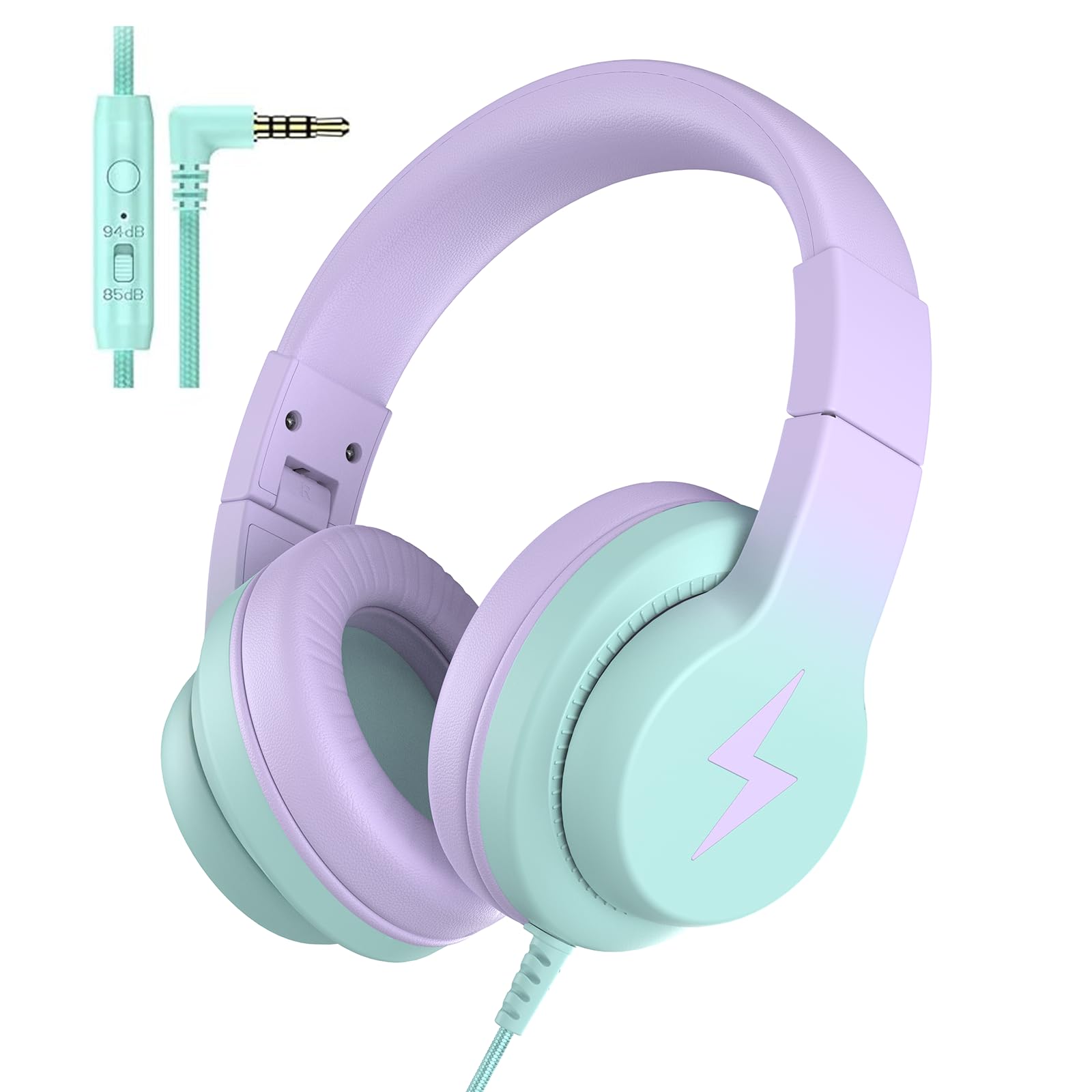 Kids Wired Over-Ear Headphones with Microphone & 85/94dB Volume Limiter - Foldable Gradient Purple Headphones for Girls & Boys - Perfect for Online Learning, Gaming & Travel