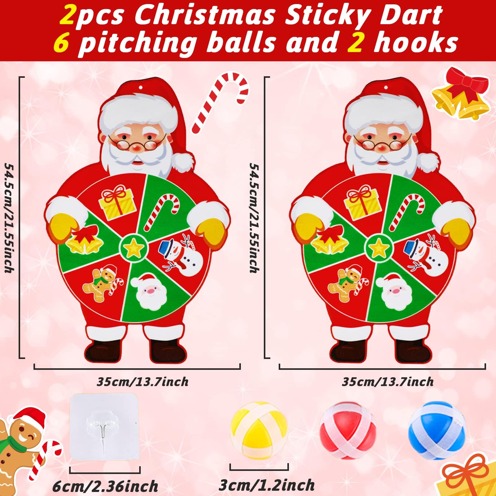 Chiazllta 2 Pack Christmas Games for Kids - Santa Claus Dart Board Set with Sticky Balls, Indoor/Outdoor Party Toys for Holiday Fun - Includes 2 Dart Boards, 6 Balls & 2 Hooks - Perfect for Family Gatherings, Christmas Parties & Kids' Playtime