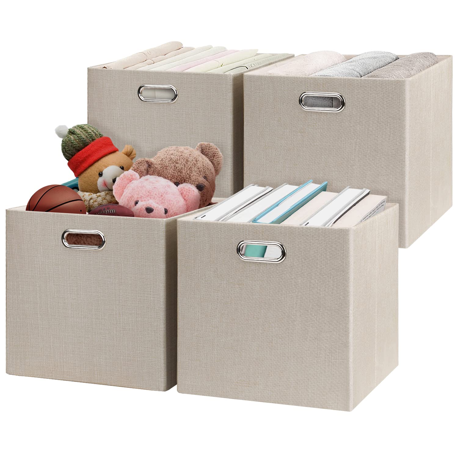 Posprica Collapsible Storage Cubes 11x11x11 Inch - 4 Pack Fabric Storage Bins & Organizer Drawers for Closet, Nursery, Office - Foldable Home Organization Containers in Beige