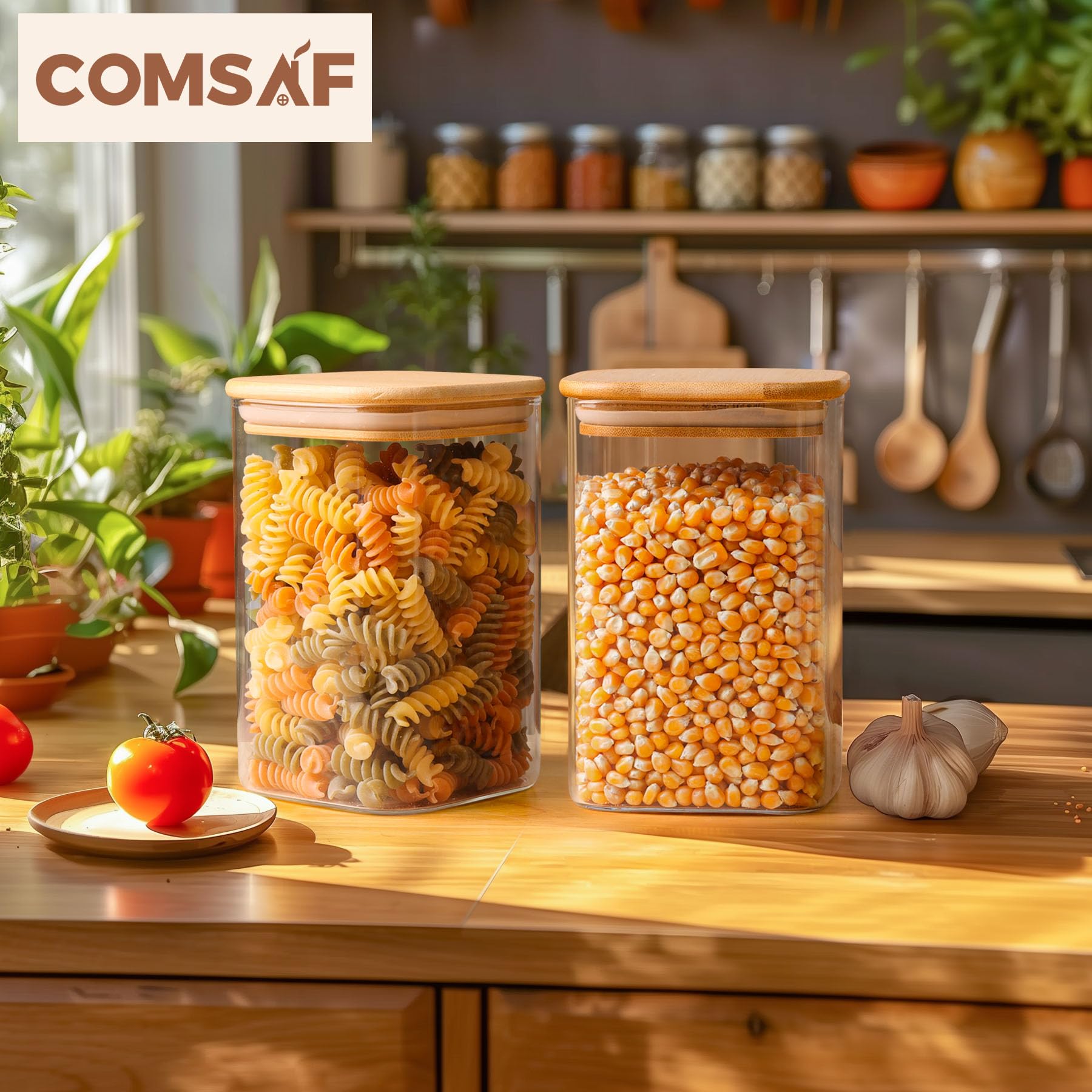ComSaf 37 oz Glass Storage Containers with Airtight Lids - Set of 6 Clear Square Food Jars for Pantry Organization | Perfect for Storing Cookies, Flour, Oats, Pasta, Tea & Coffee Beans | Kitchen & Home Storage Solution
