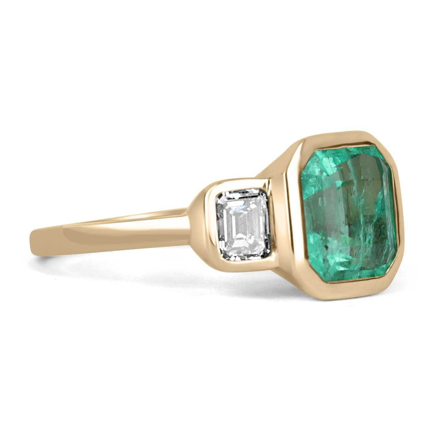 4.28tcw Bezel Set Three Stone Asscher Cut Emerald & Emerald Cut Diamond Ring in 14K Gold - Elegant Engagement, Wedding, Anniversary Jewelry Gift for Women