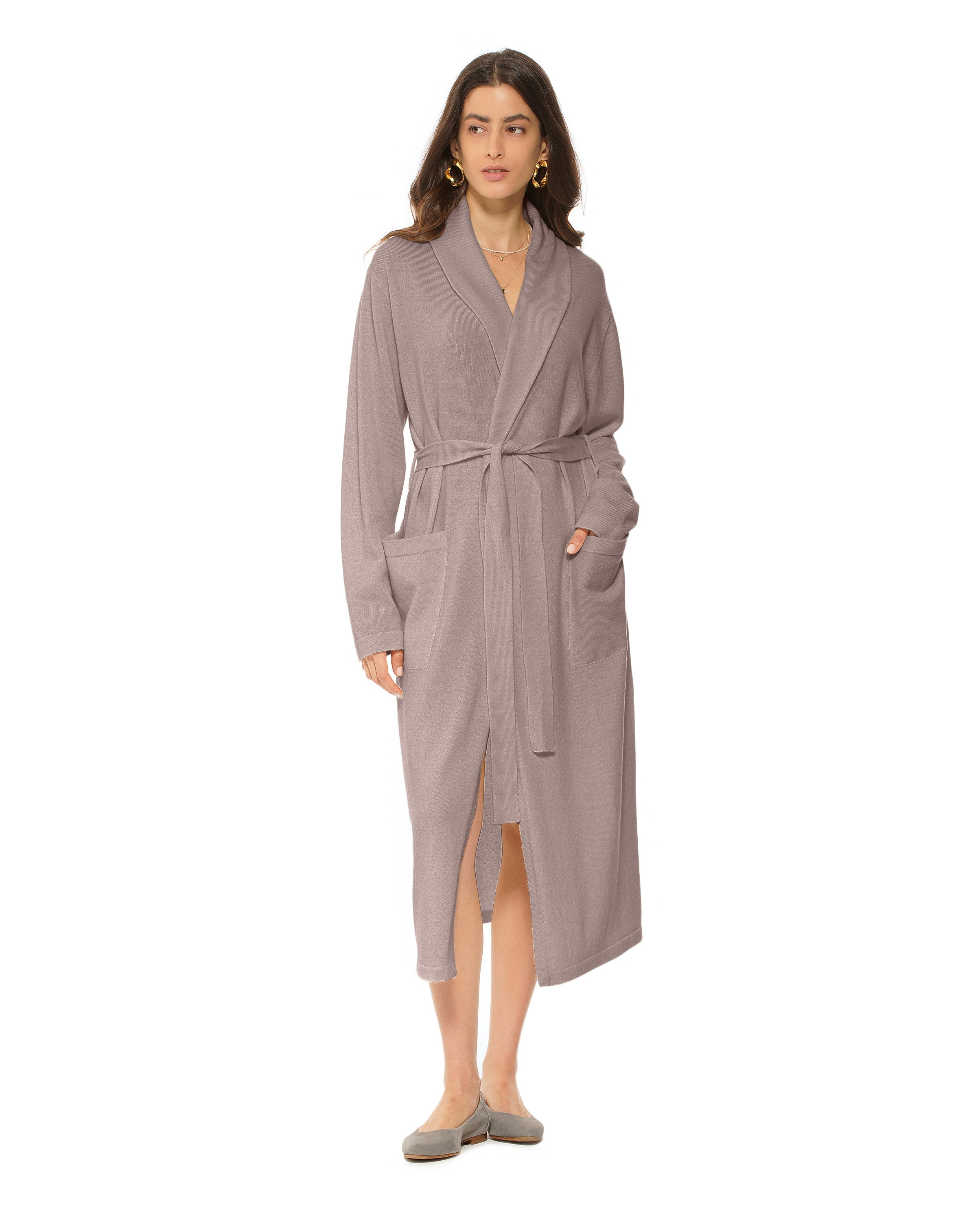 Luxury Women's Pure Cashmere Knit Robe - Soft & Warm Taupe Shawl Collar Bathrobe for Spa, Lounge & Winter Comfort
