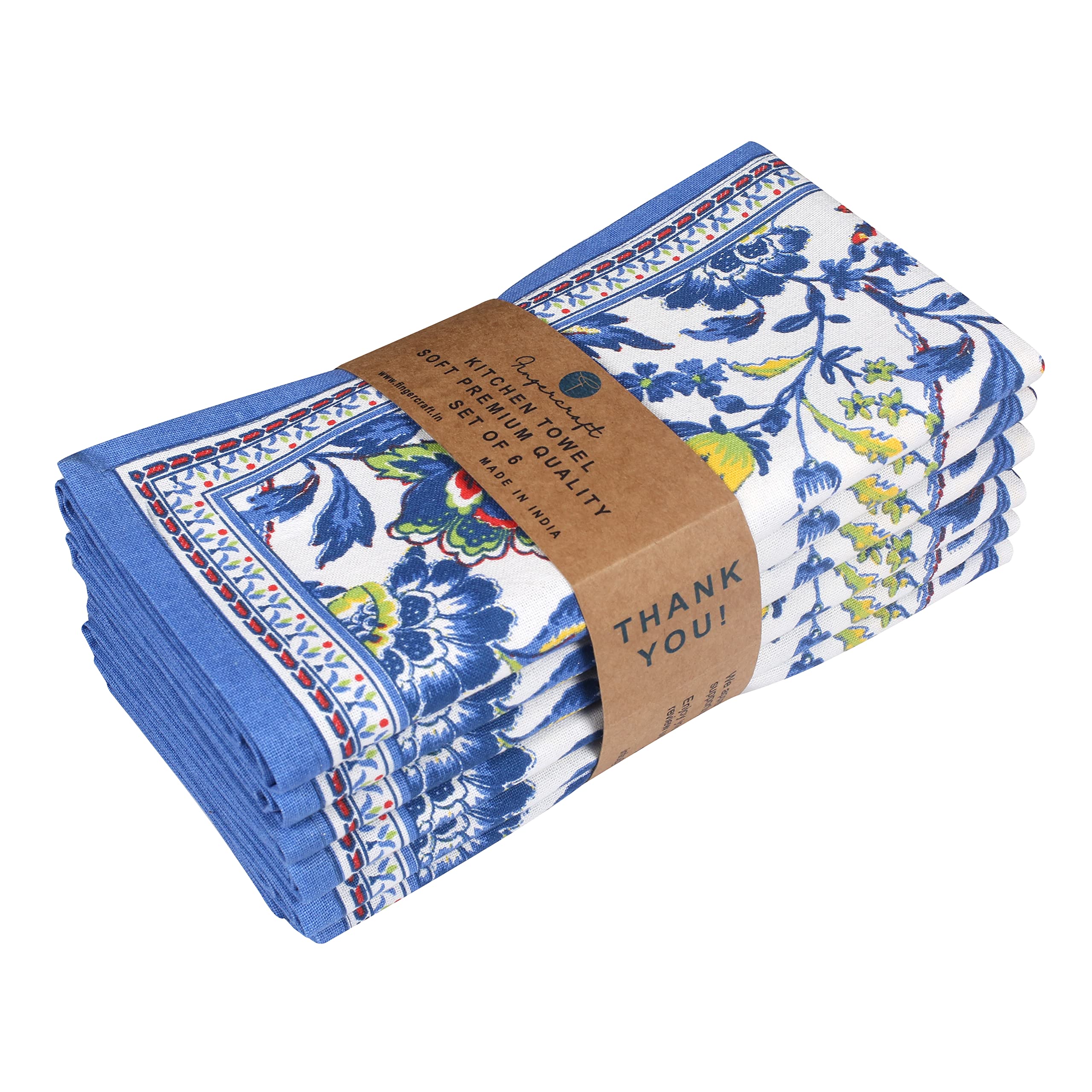 FINGERCRAFT 6-Pack Cotton Kitchen Towels - Soft, Absorbent for Home & Kitchen - Blue Floral 20x30in