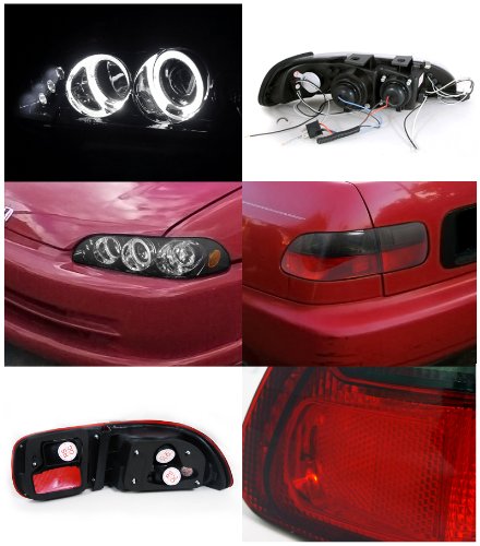 Spec-D Tuning Glossy Black Halo LED Projector Headlights & Red Smoke Tail Lights - Compatible with 1992-1995 Honda Civic 2/4Dr - Left & Right Pair Headlamp Assembly - Upgrade Your Ride for Night Driving & Enhanced Style