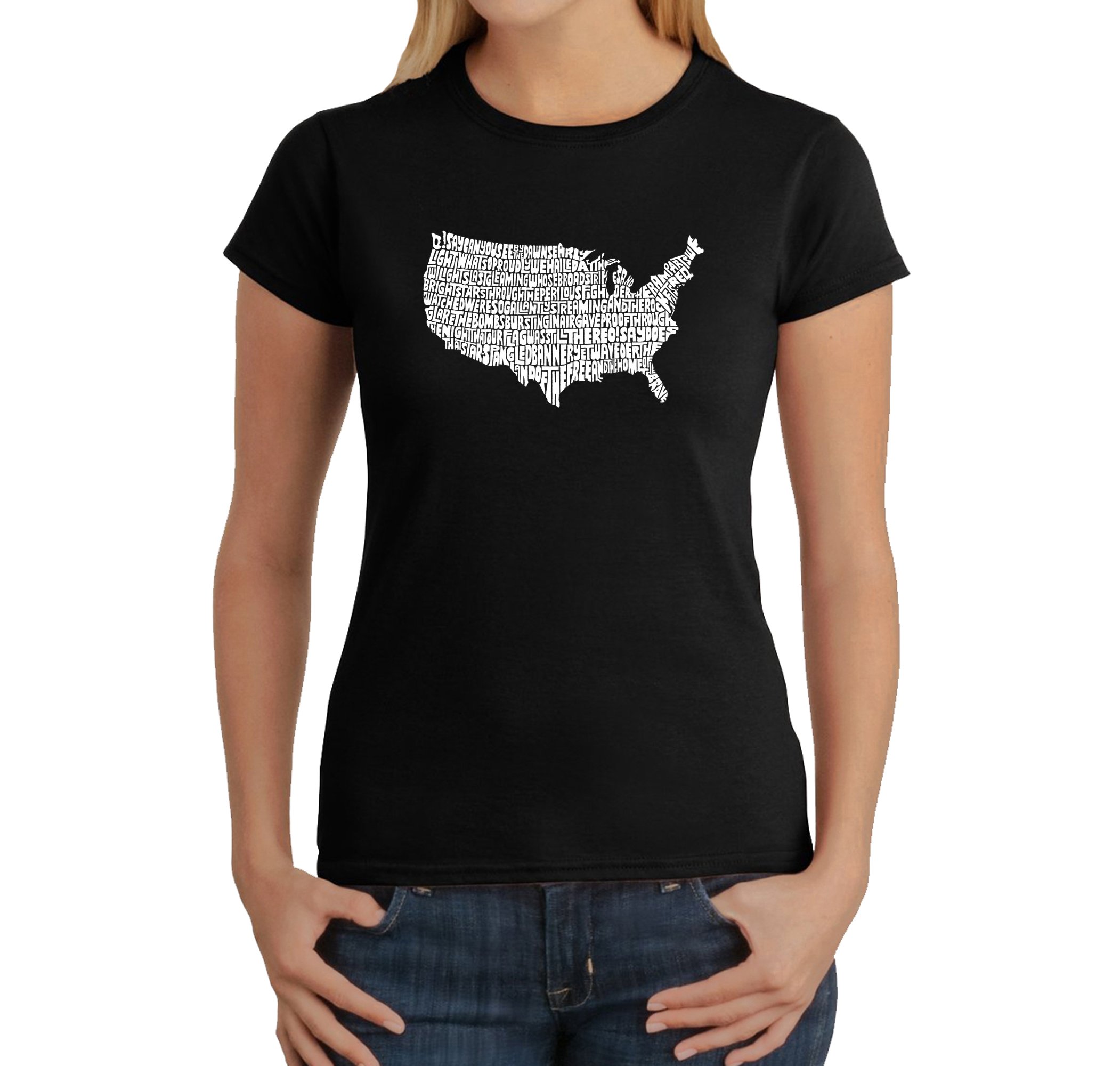 LA POP ART Women's Word Art T-Shirt - Patriotic The Star Spangled Banner Design | Casual Wear, Fourth of July Outfit, American Flag Apparel