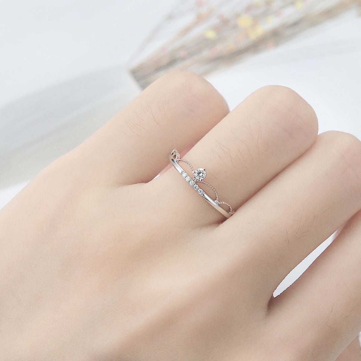 Vintage Art Deco Women's Wedding Ring - 14K Two-Tone Gold Diamond & Moissanite Stackable Band for Bridal, Anniversary & Promise Rings | Perfect for Engagement, Vow Renewal & Special Occasions